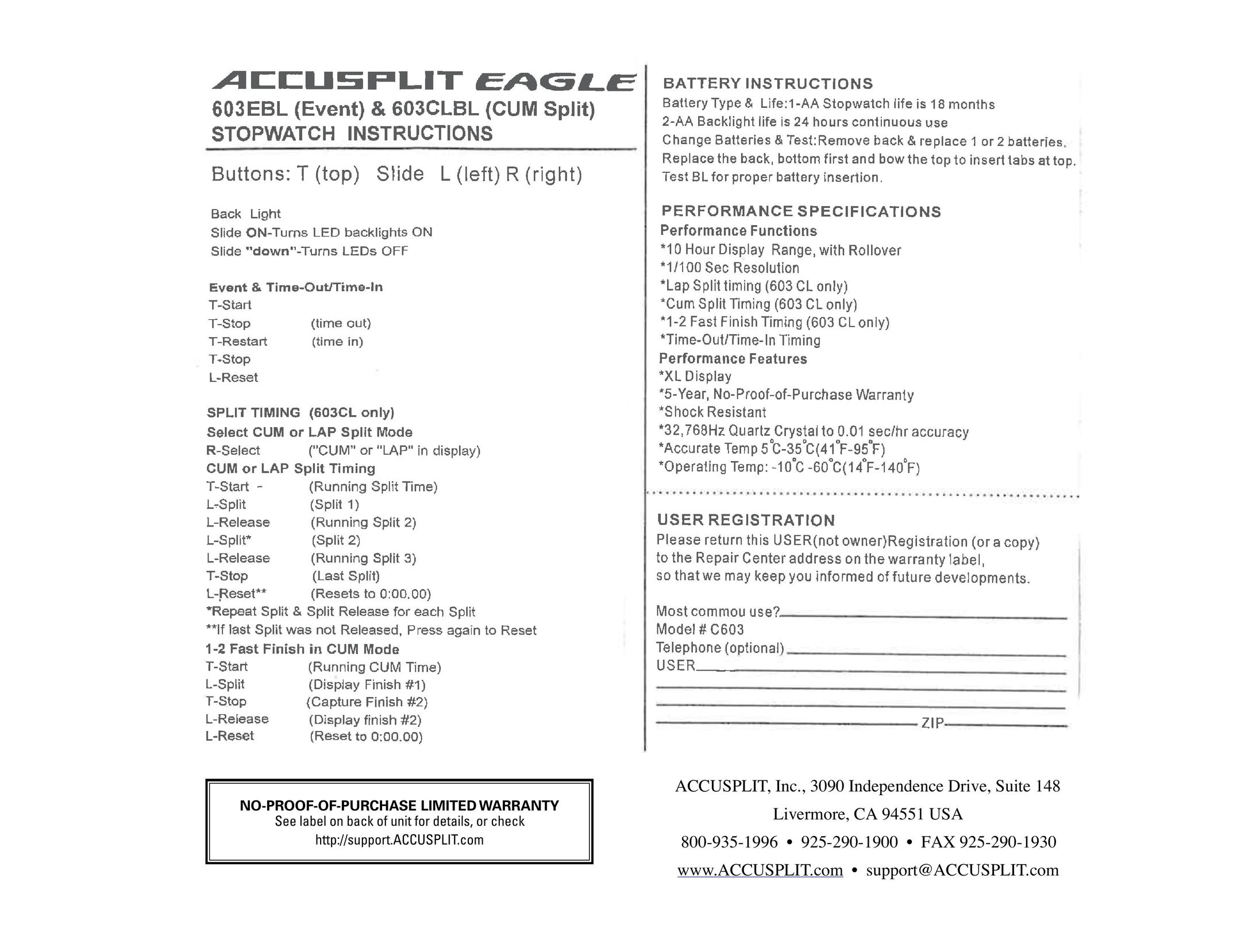 Accusplit AE603CL Watch User Manual