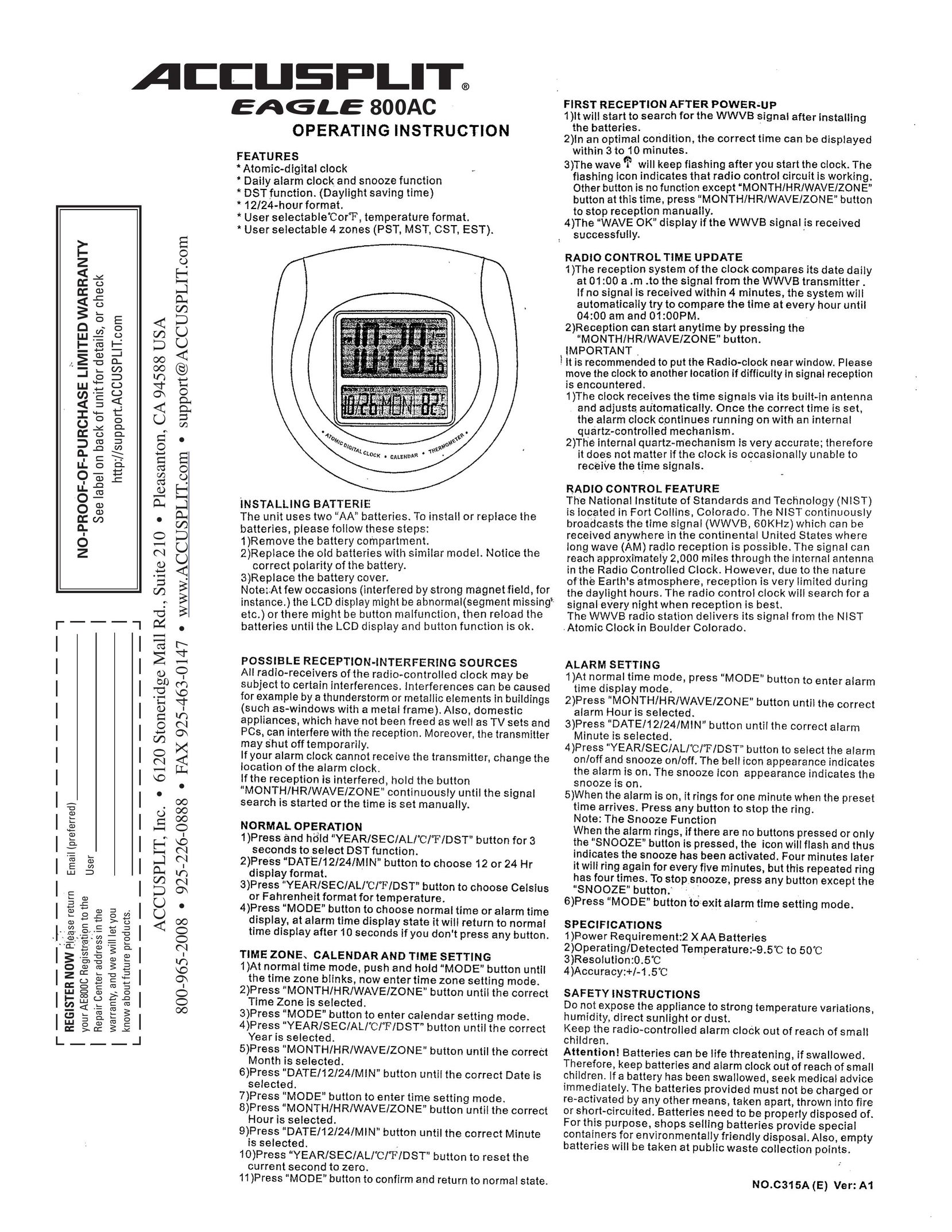Accusplit AE800AC Watch User Manual