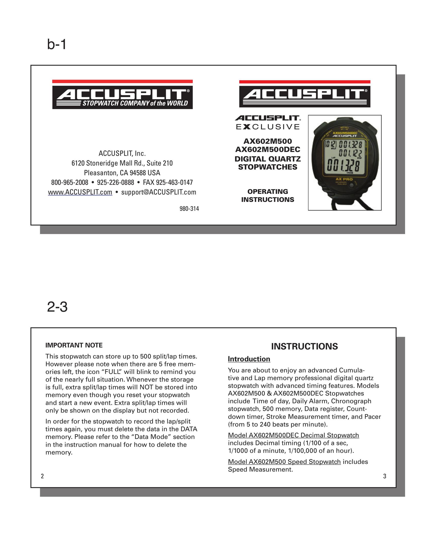 Accusplit AX602M500 Watch User Manual