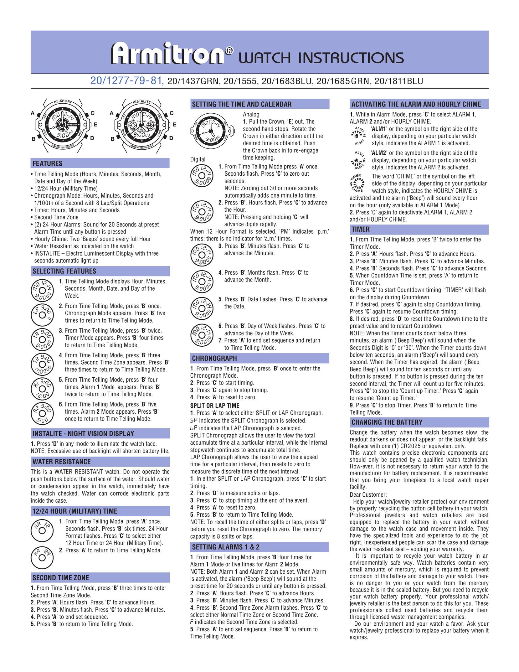 Armitron 20/1437GRN Watch User Manual