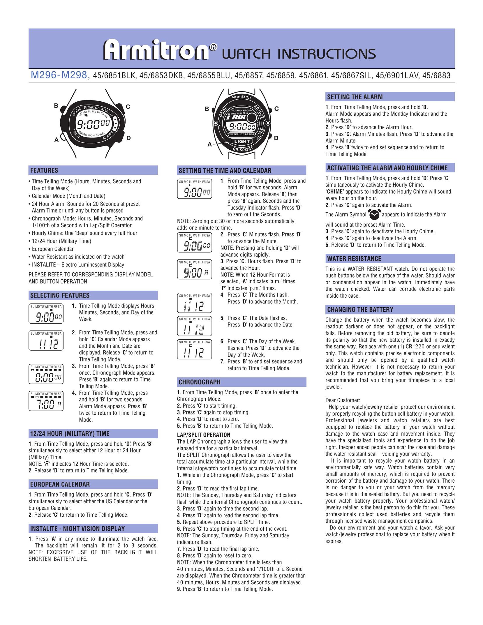 Armitron M296-M298 Watch User Manual
