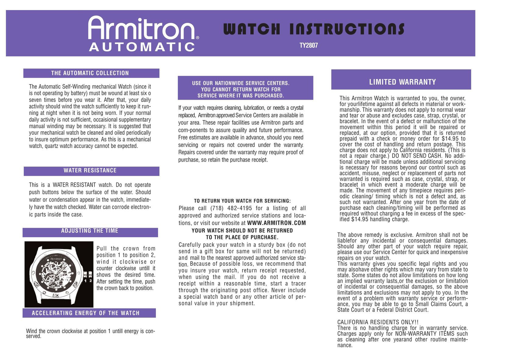 Armitron TY2807 Watch User Manual