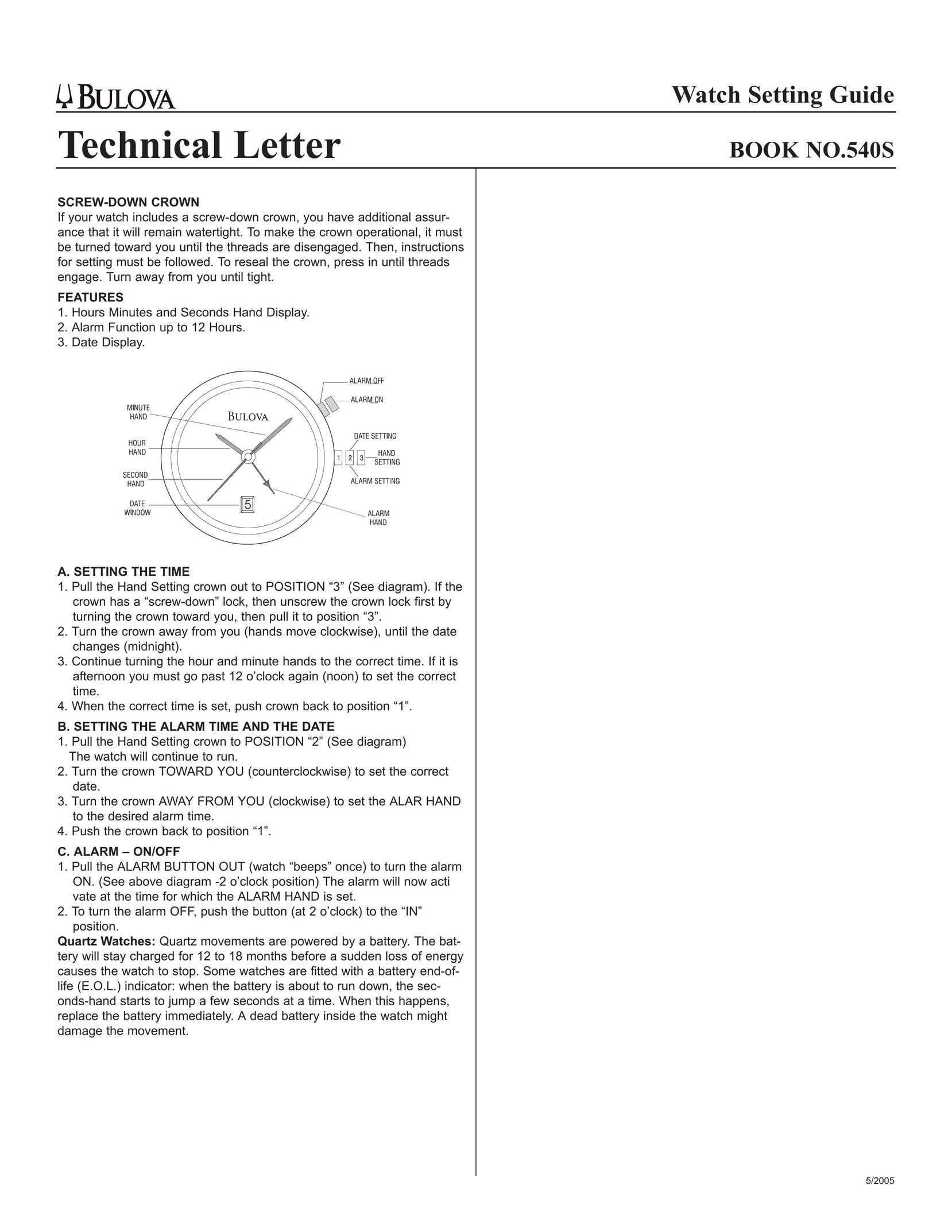 Bulova 540S Watch User Manual
