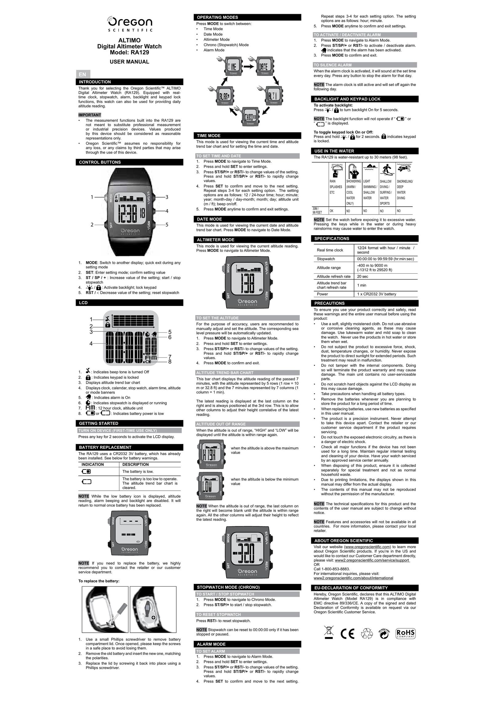 Oregon RA129 Watch User Manual