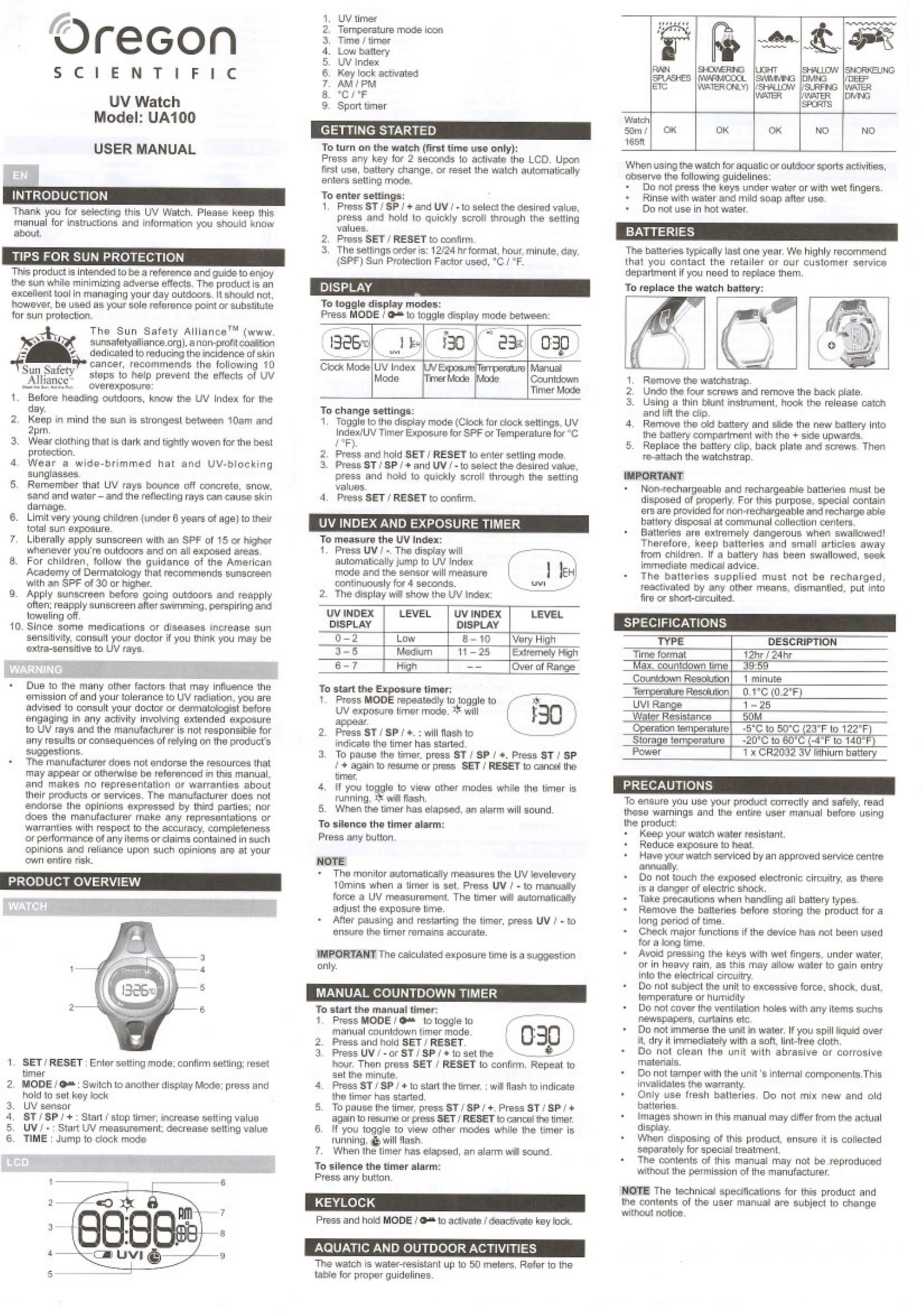 Oregon Scientific UA100 Watch User Manual