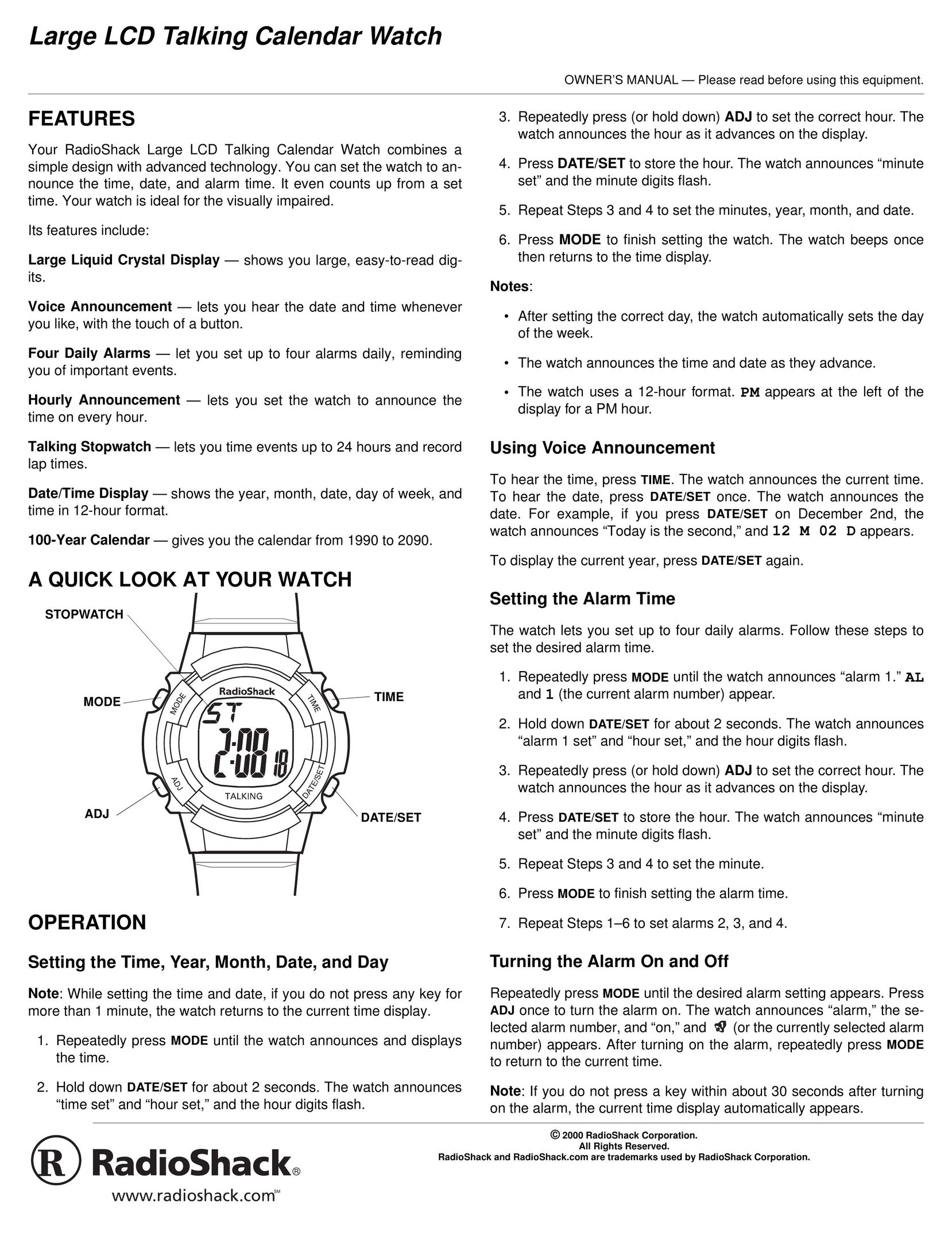 Radio Shack 06A00 Watch User Manual