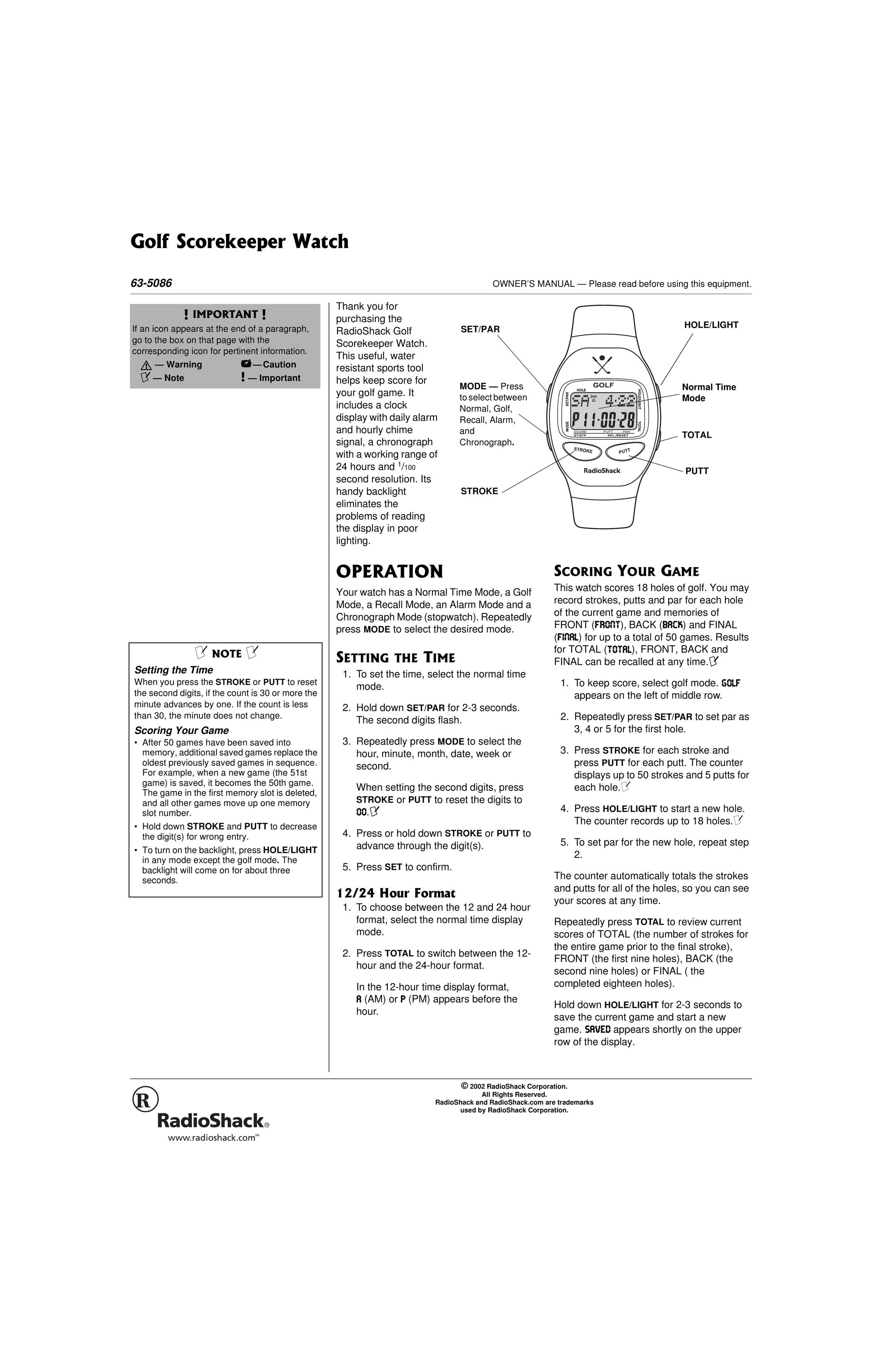 Radio Shack 63-5086 Watch User Manual