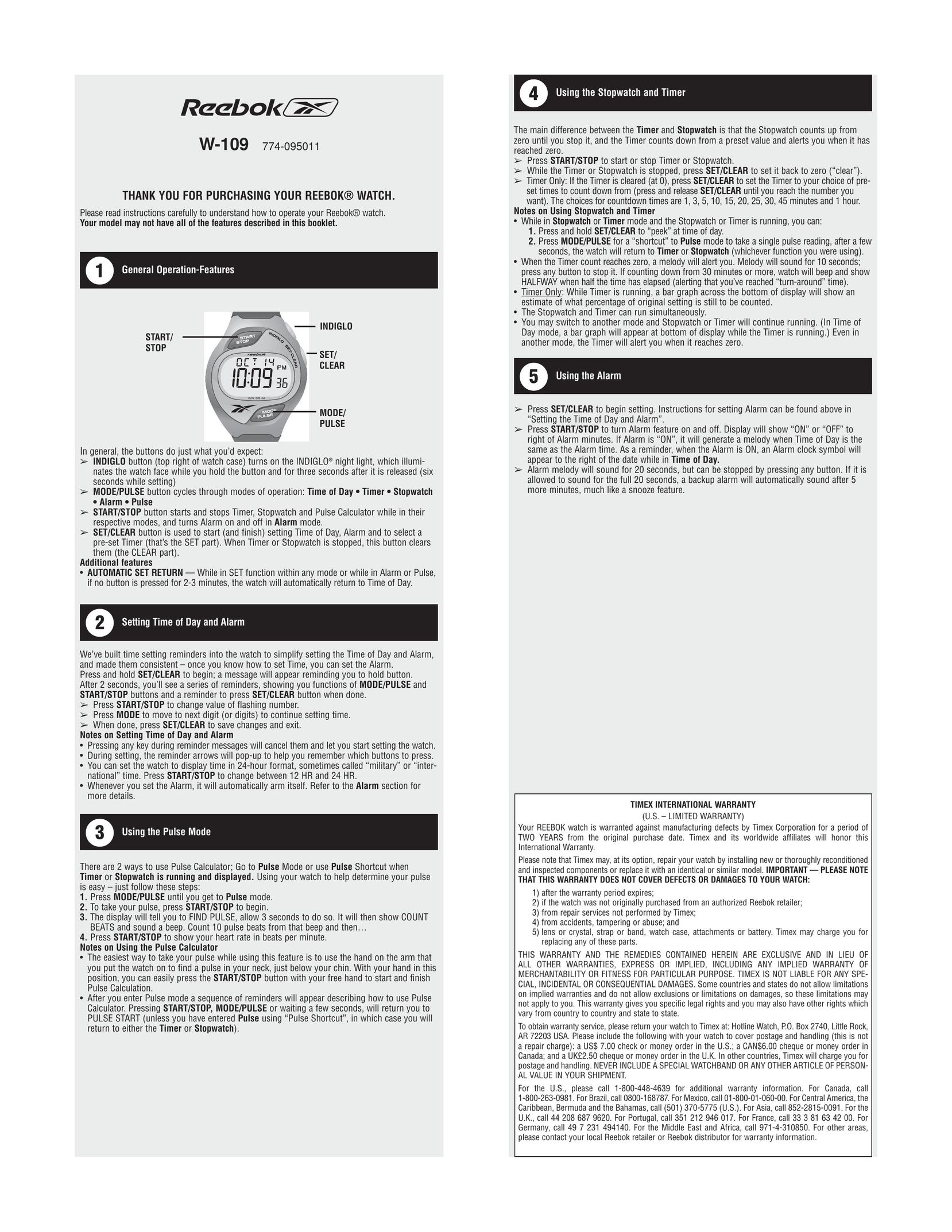 Reebok W-109 Watch User Manual