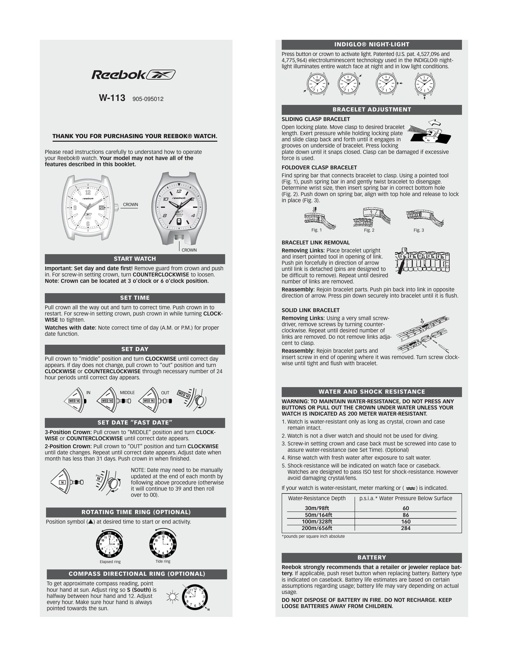 Reebok W-113 Watch User Manual