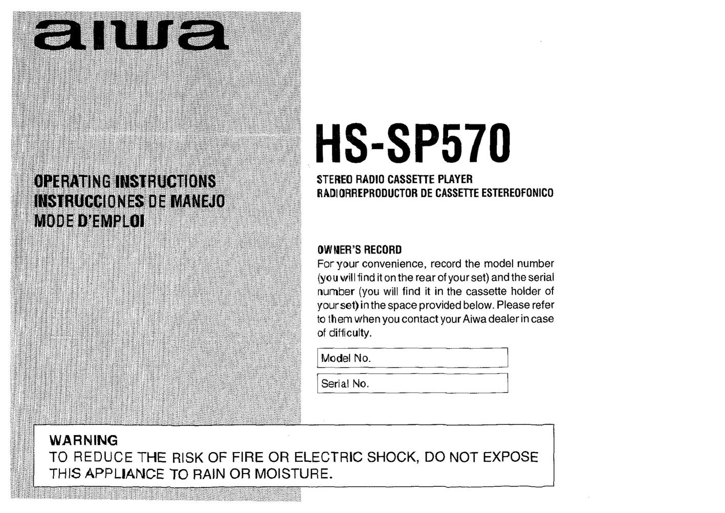 Aiwa HS-SP570 Cassette Player User Manual