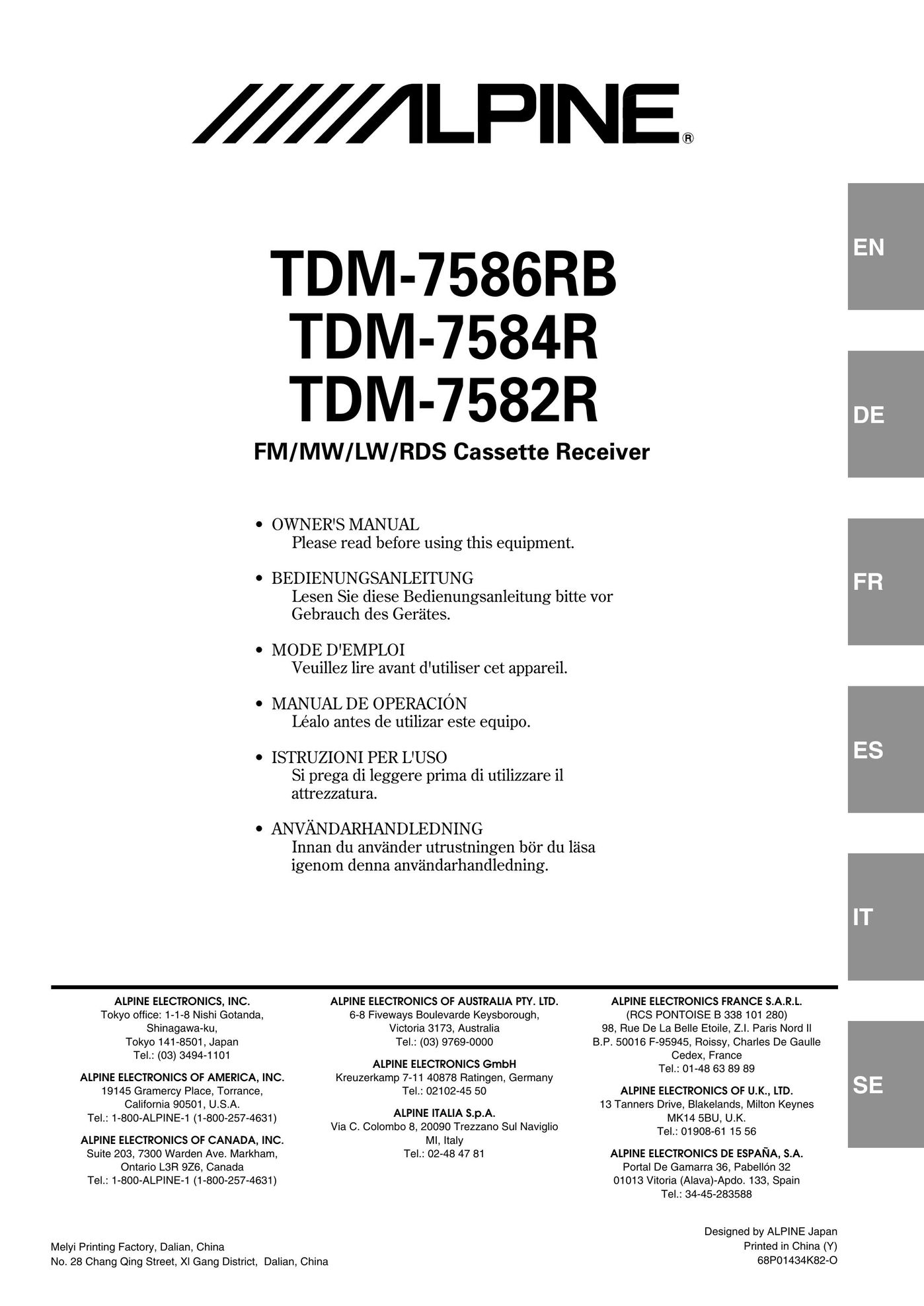Alpine TDM-7582R Cassette Player User Manual