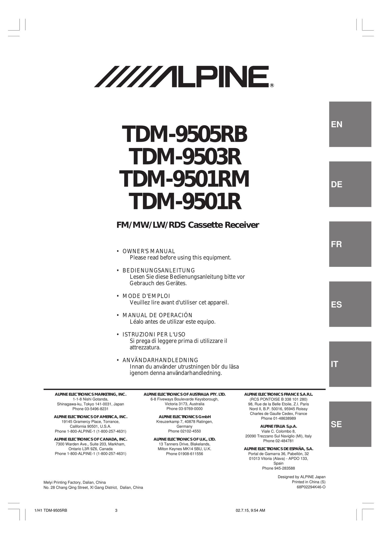 Alpine TDM-9501R Cassette Player User Manual
