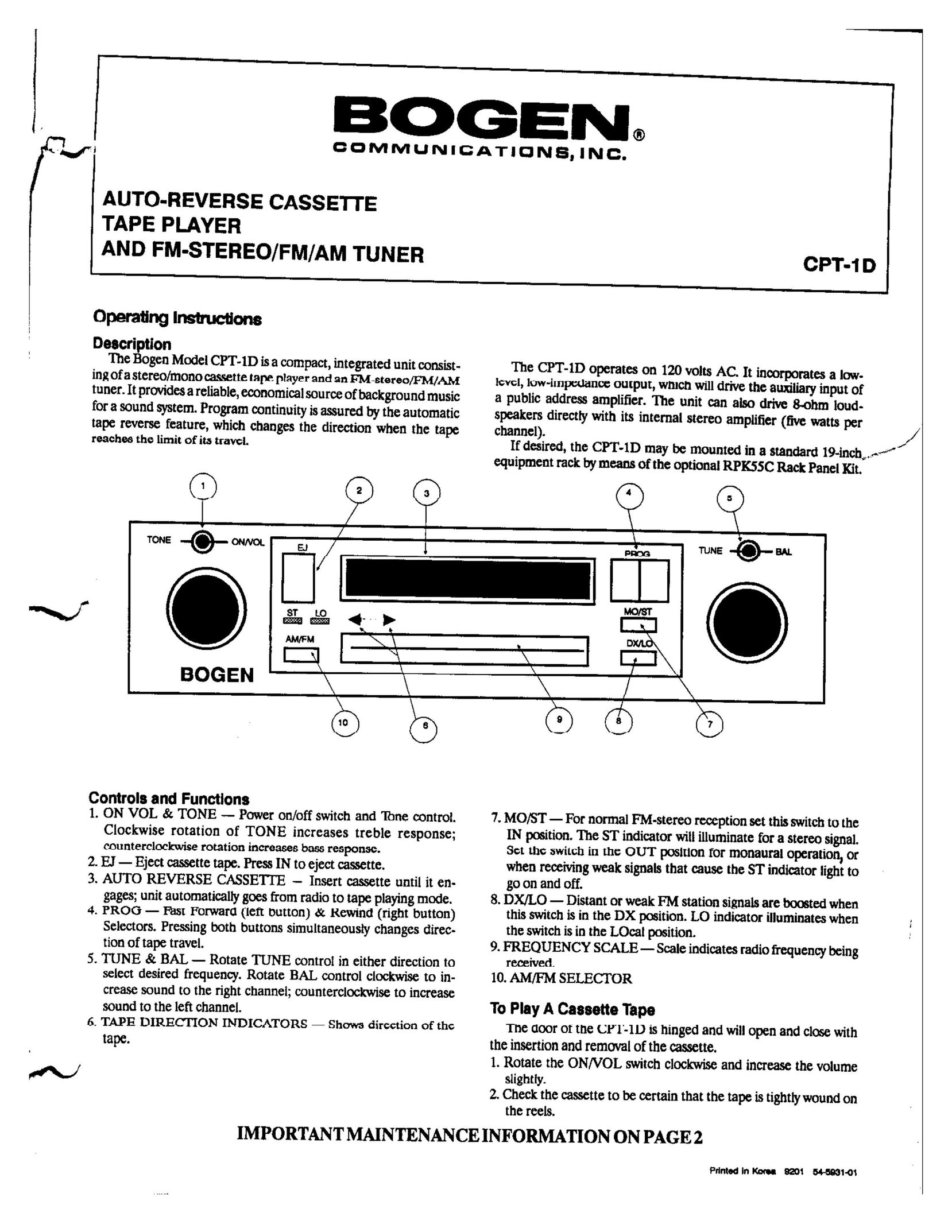 Bogen CPT-1D Cassette Player User Manual