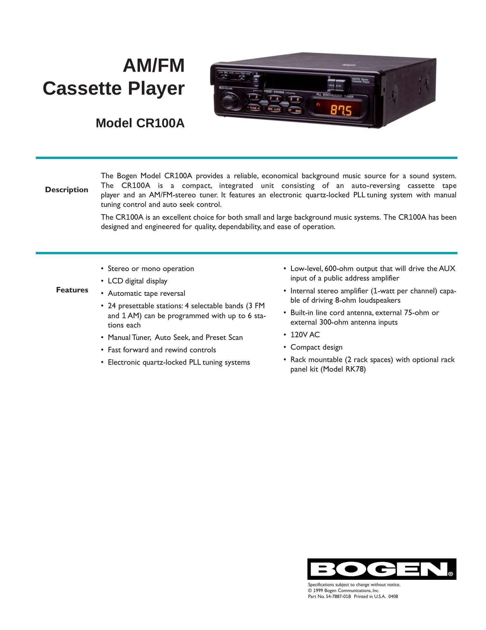 Bogen CR100A Cassette Player User Manual
