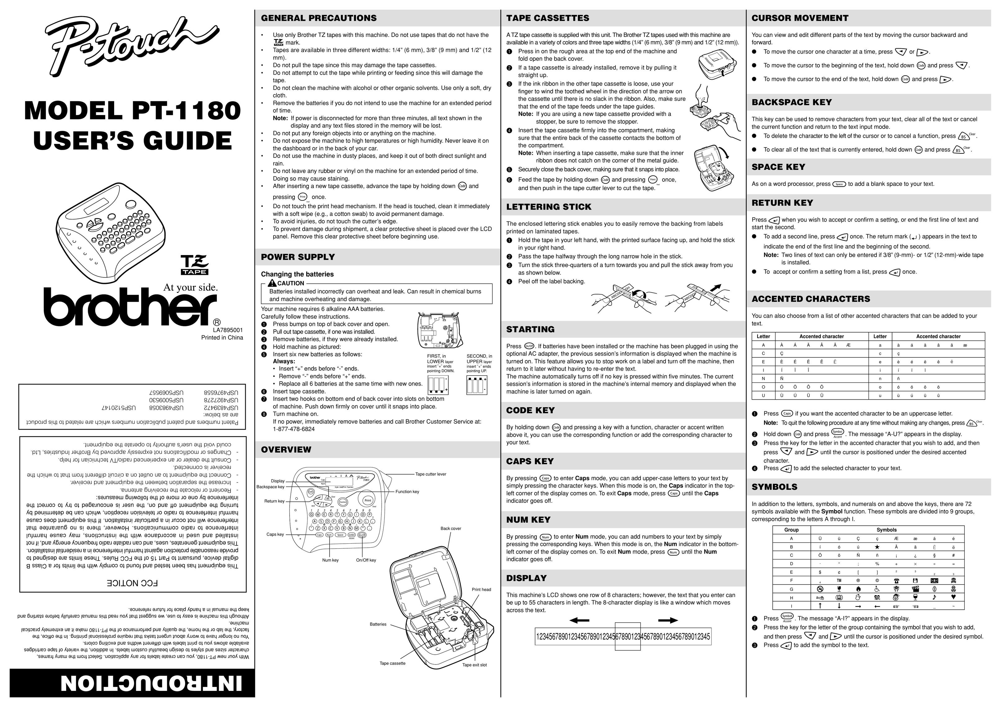 Brother PT-1180 Cassette Player User Manual
