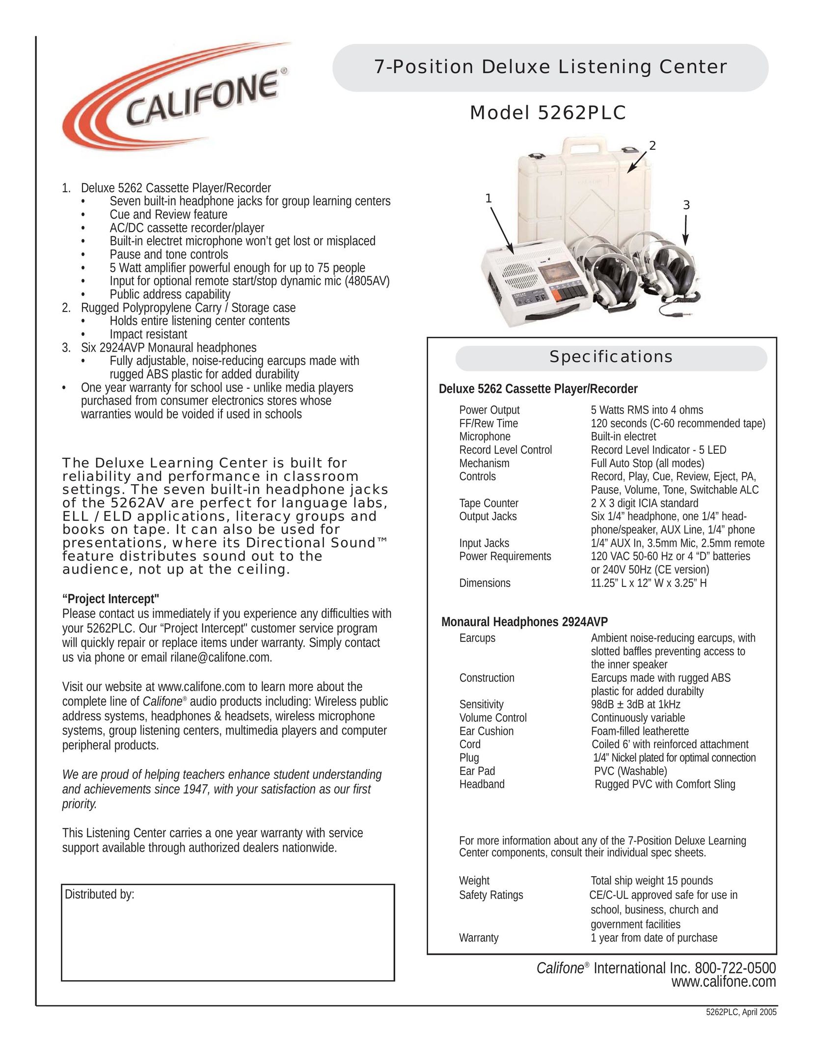 Califone 5262PLC Cassette Player User Manual
