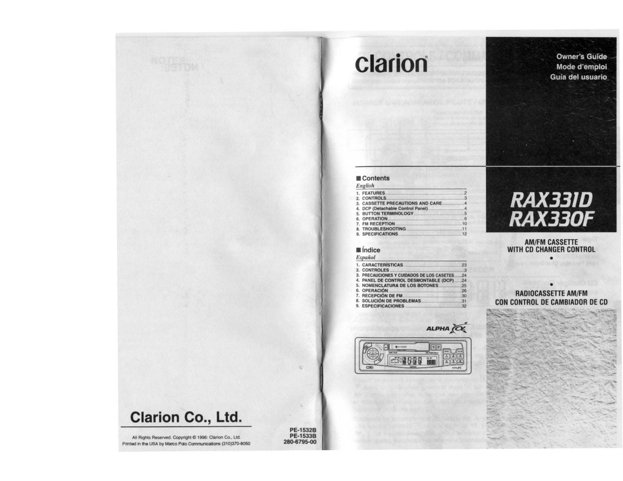 Clarion RAX331D Cassette Player User Manual