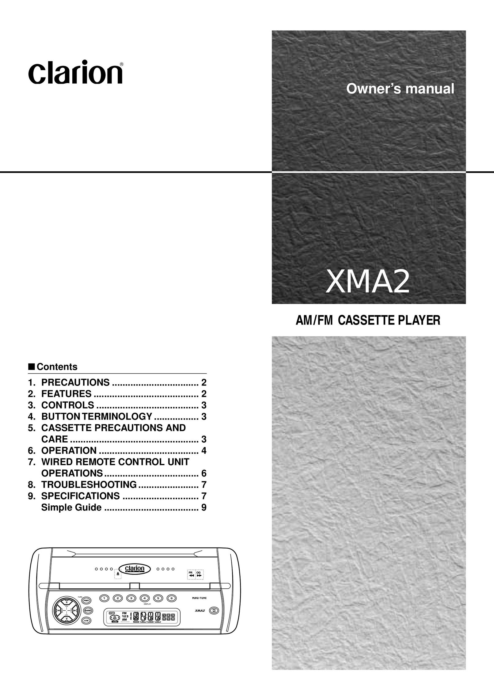 Clarion XMA2 Cassette Player User Manual