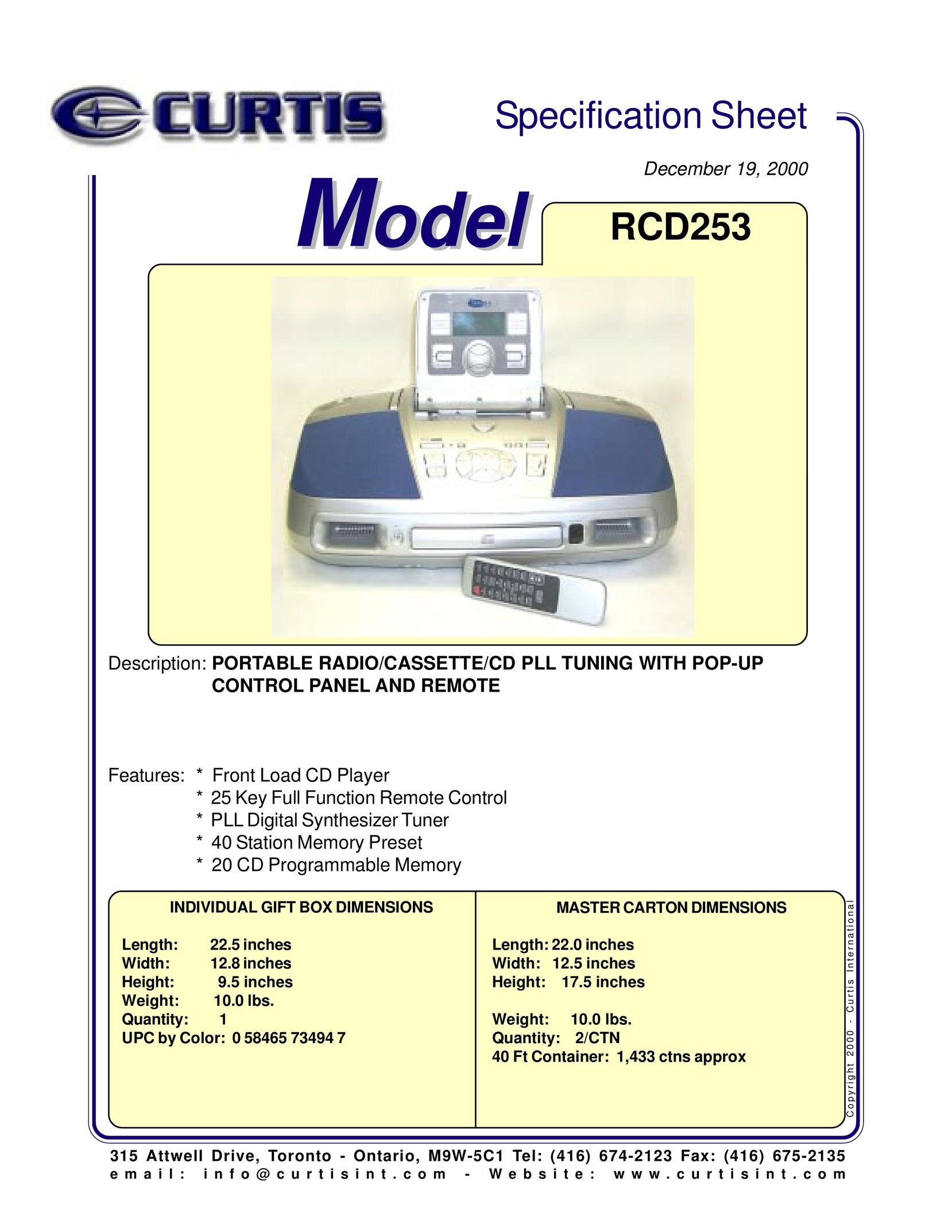 Curtis RCD253 Cassette Player User Manual