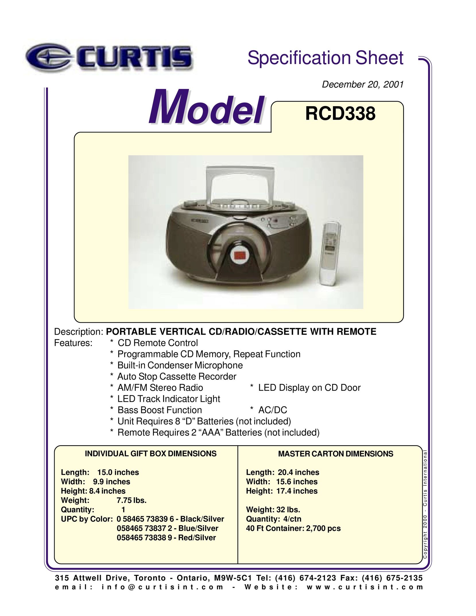 Curtis RCD338 Cassette Player User Manual