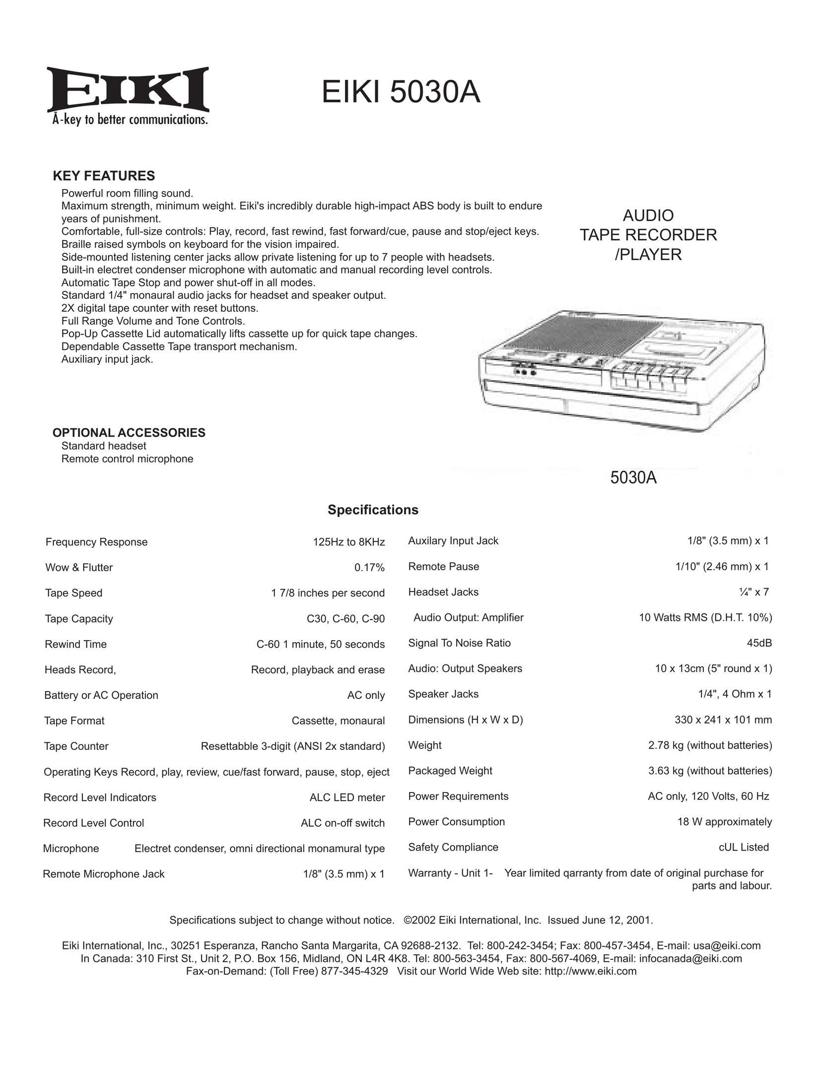 Eiki 5030A Cassette Player User Manual