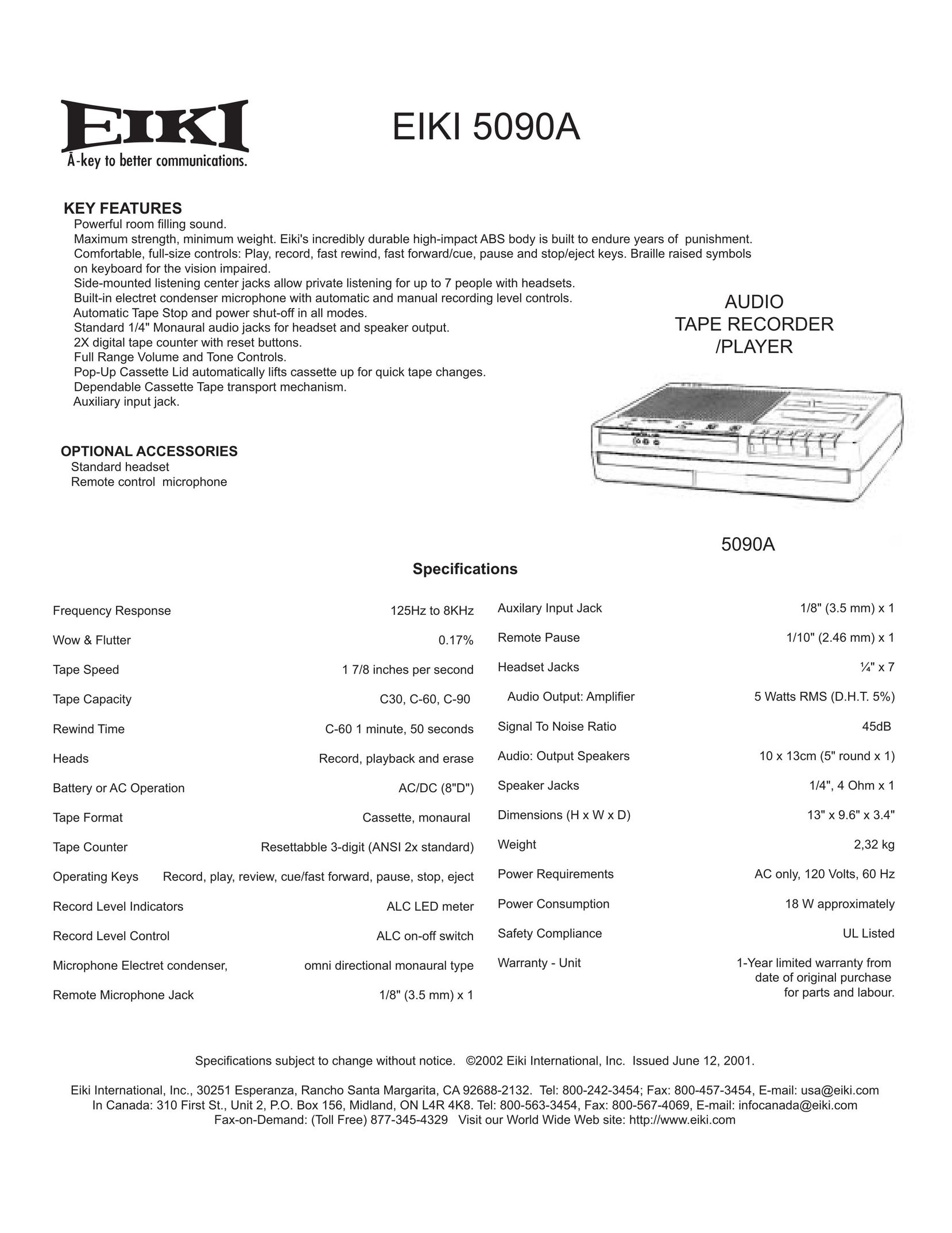 Eiki 5090A Cassette Player User Manual