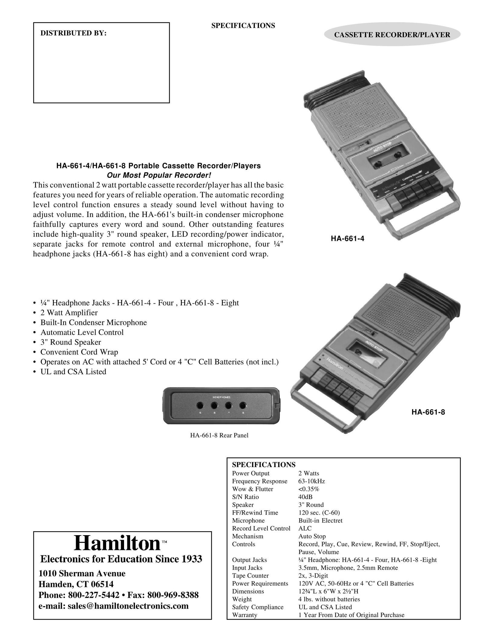 Hamilton Electronics HA-661-8 Cassette Player User Manual