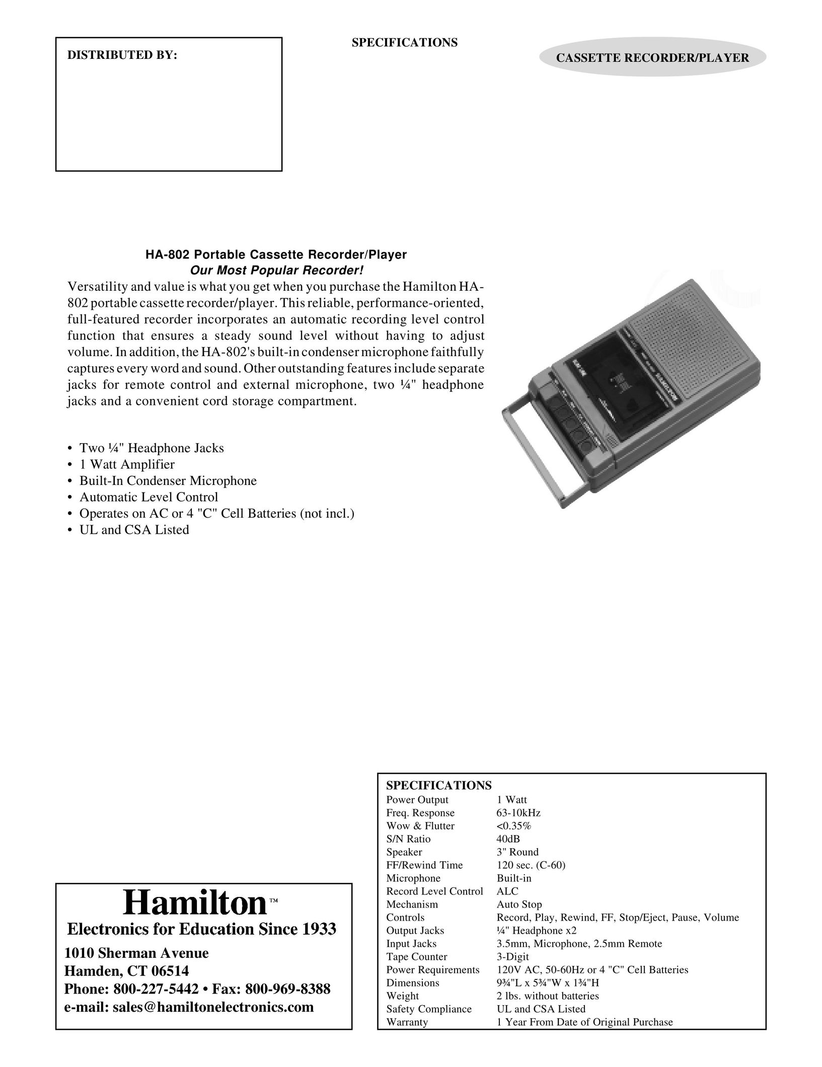 Hamilton Electronics HA-802 Cassette Player User Manual