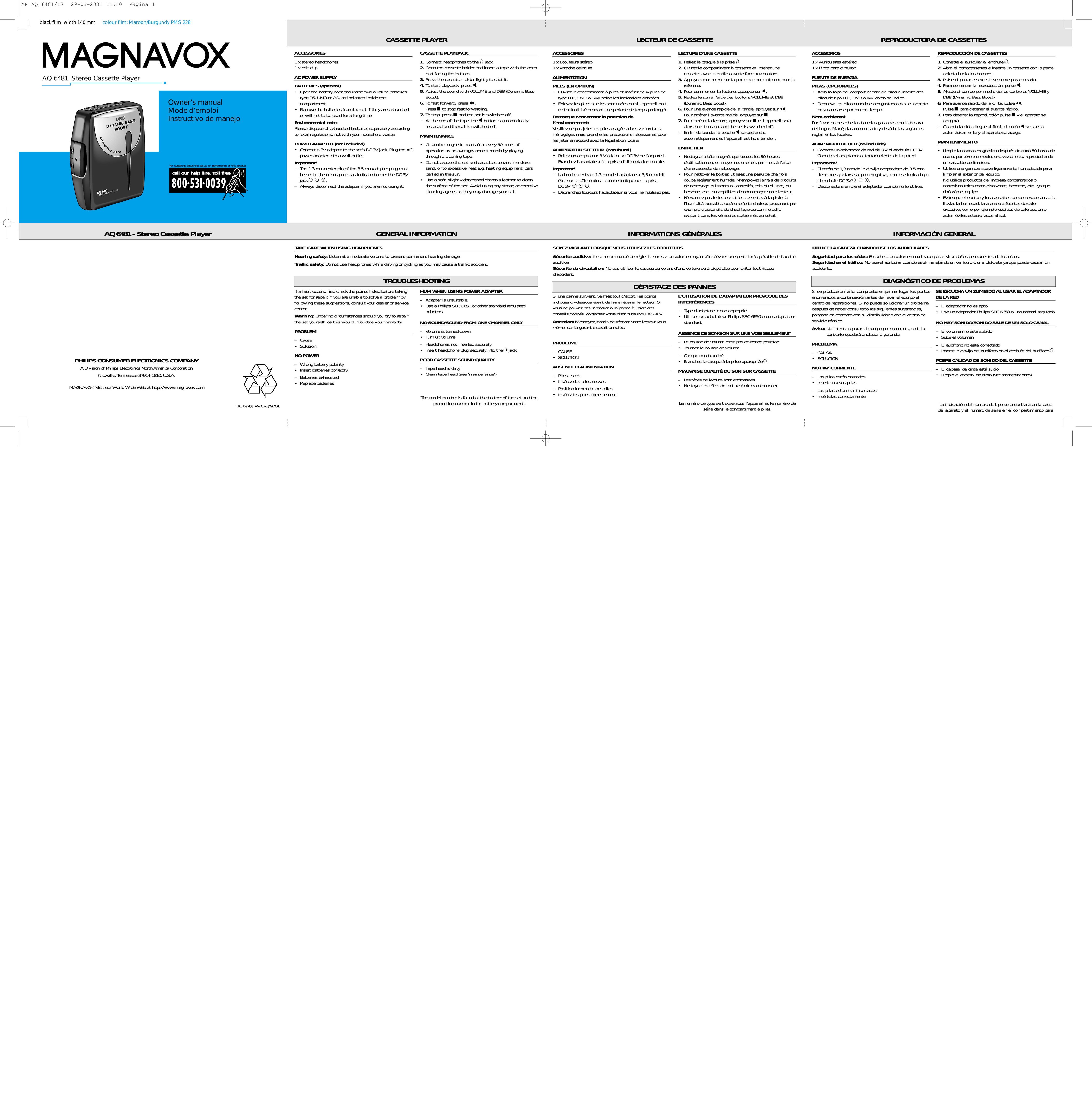 Magnavox AQ 6481 Cassette Player User Manual