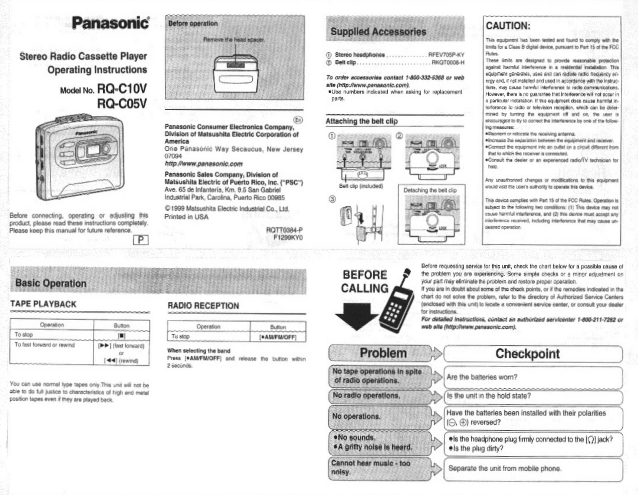 Panasonic RQ-C10V Cassette Player User Manual