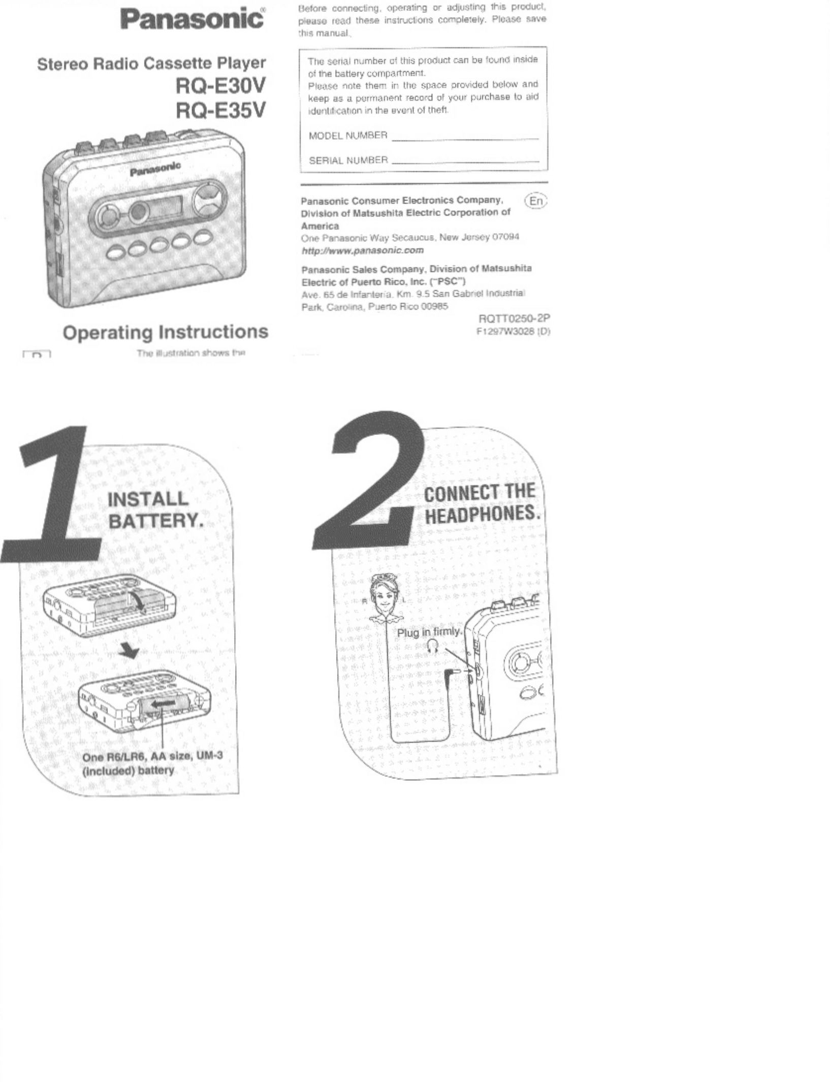 Panasonic RQ-E30V Cassette Player User Manual