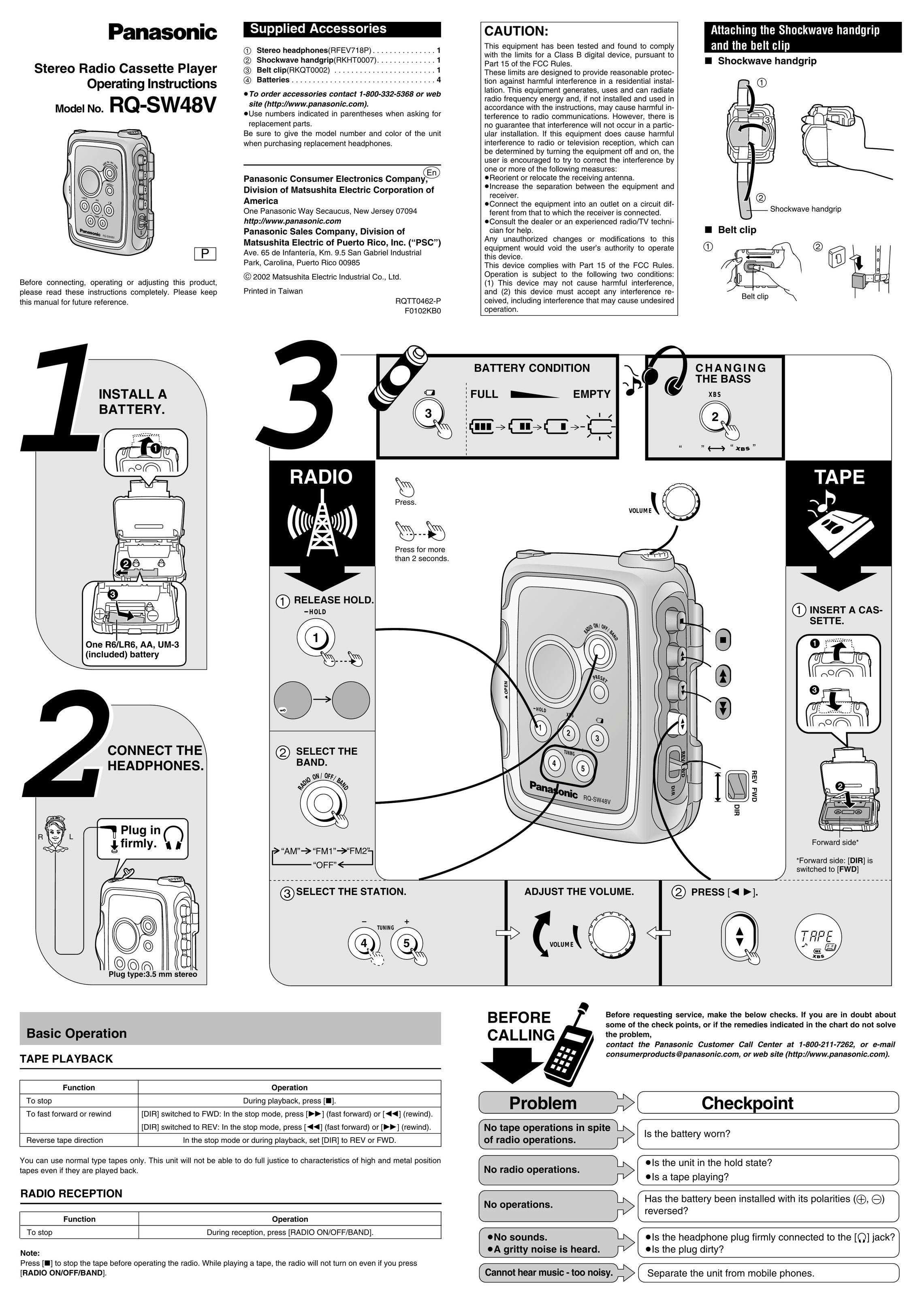 Panasonic RQ-SW48V Cassette Player User Manual