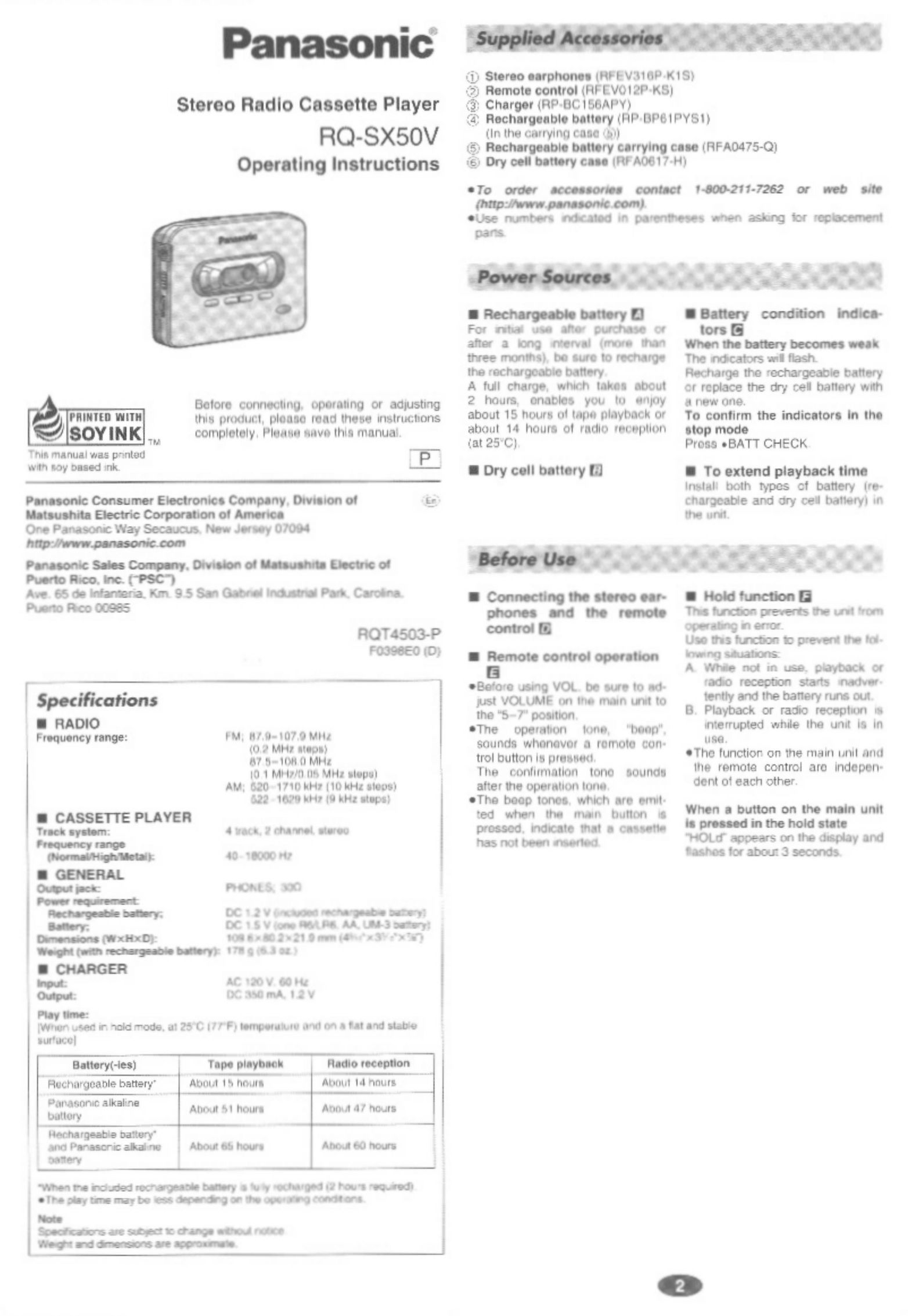Panasonic RQ-SX50V Cassette Player User Manual