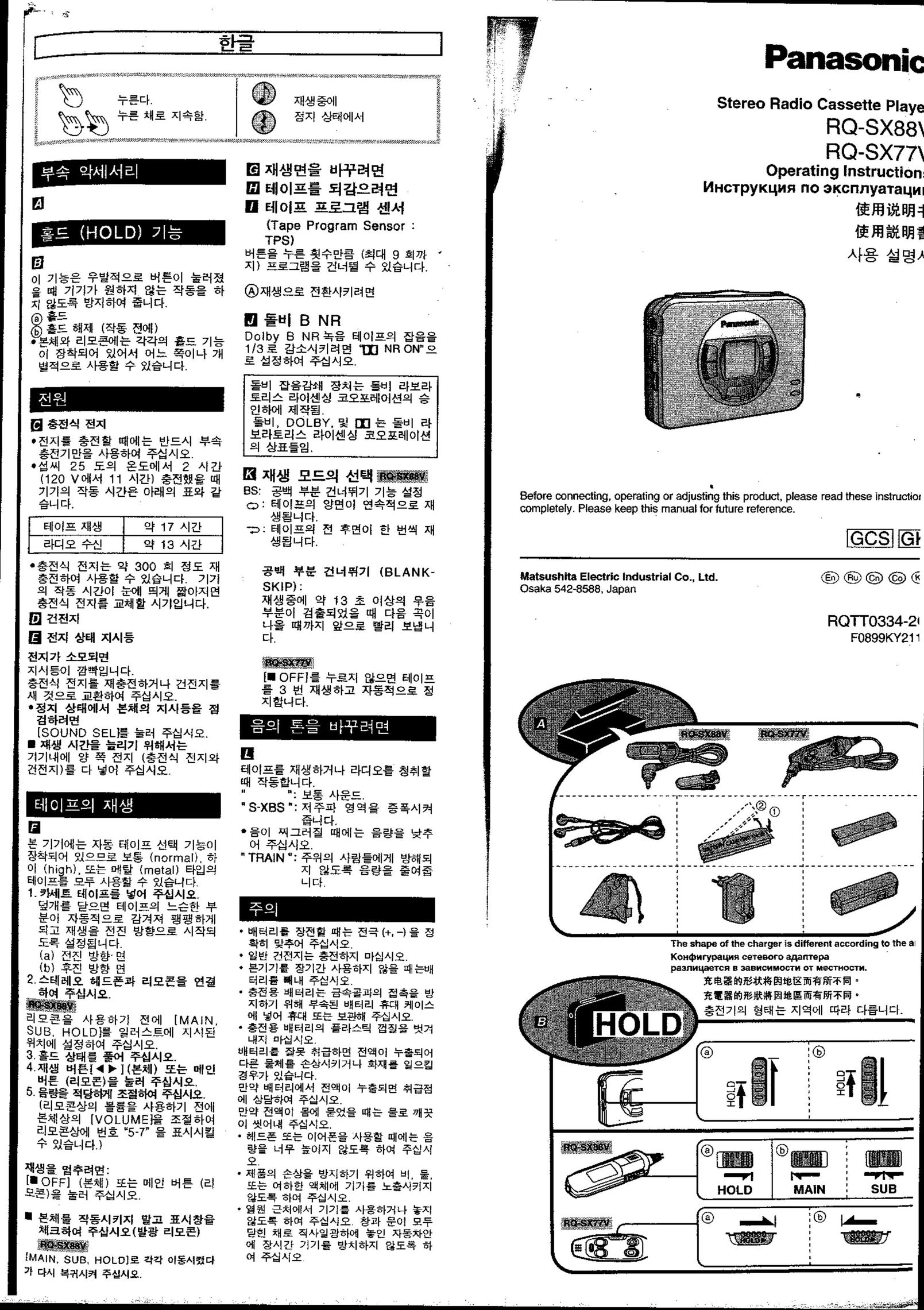 Panasonic RQ-SX88V Cassette Player User Manual