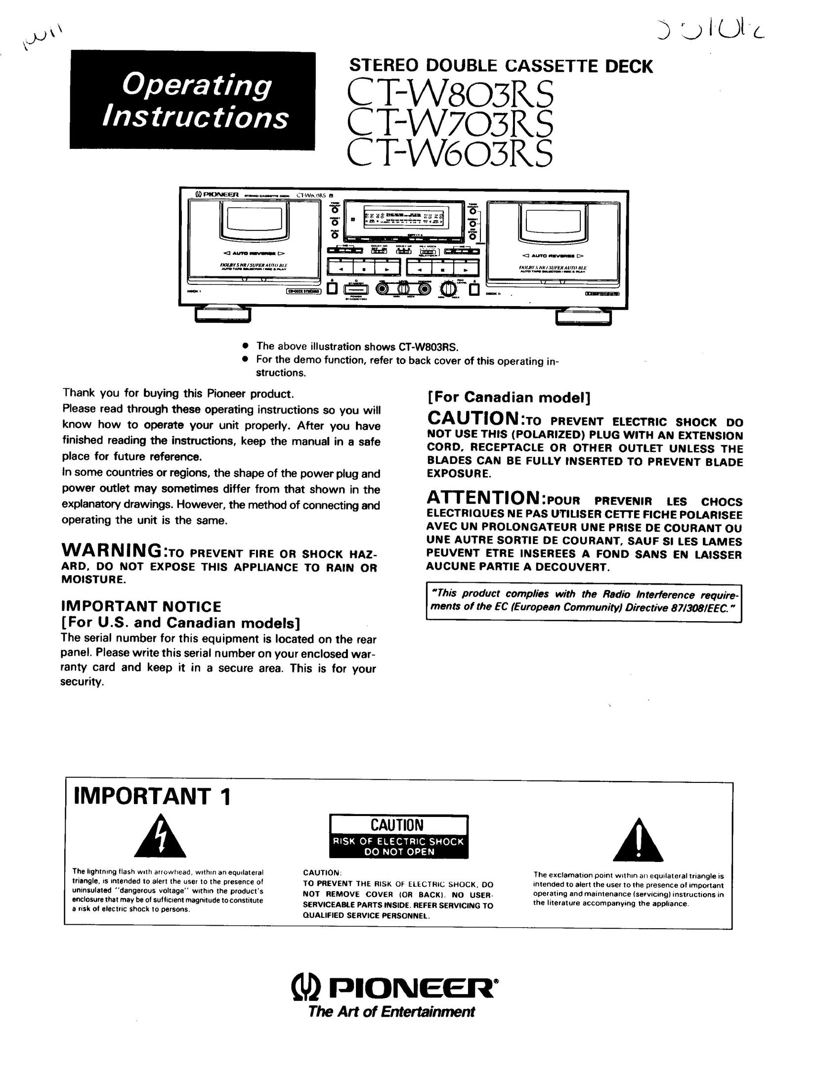 Pioneer CT-W803RS Cassette Player User Manual
