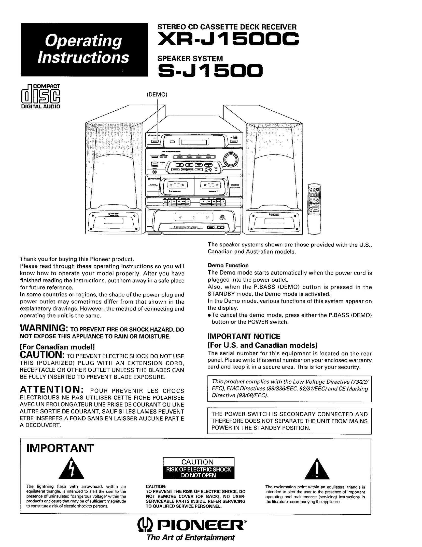 Pioneer XR-J1500C Cassette Player User Manual
