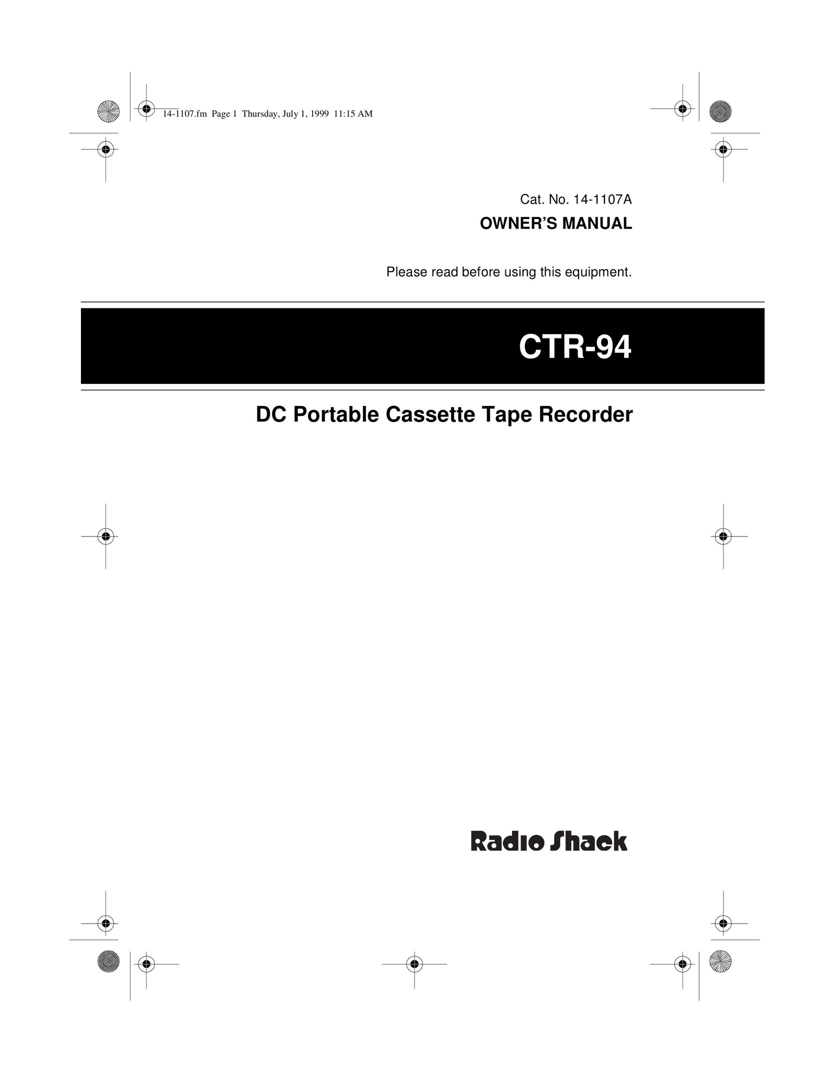 Radio Shack 14-1107A Cassette Player User Manual
