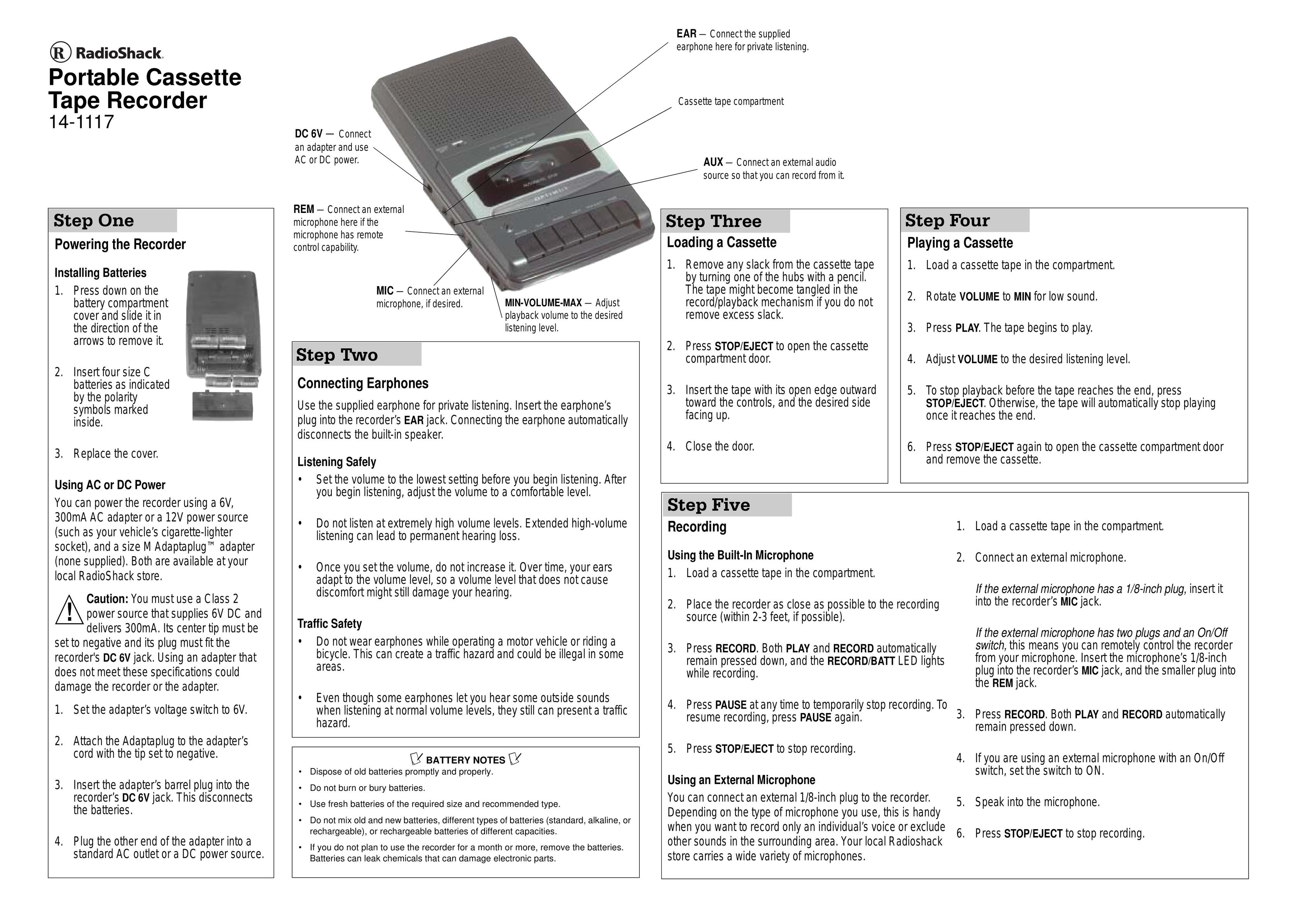 Radio Shack 14-1117 Cassette Player User Manual