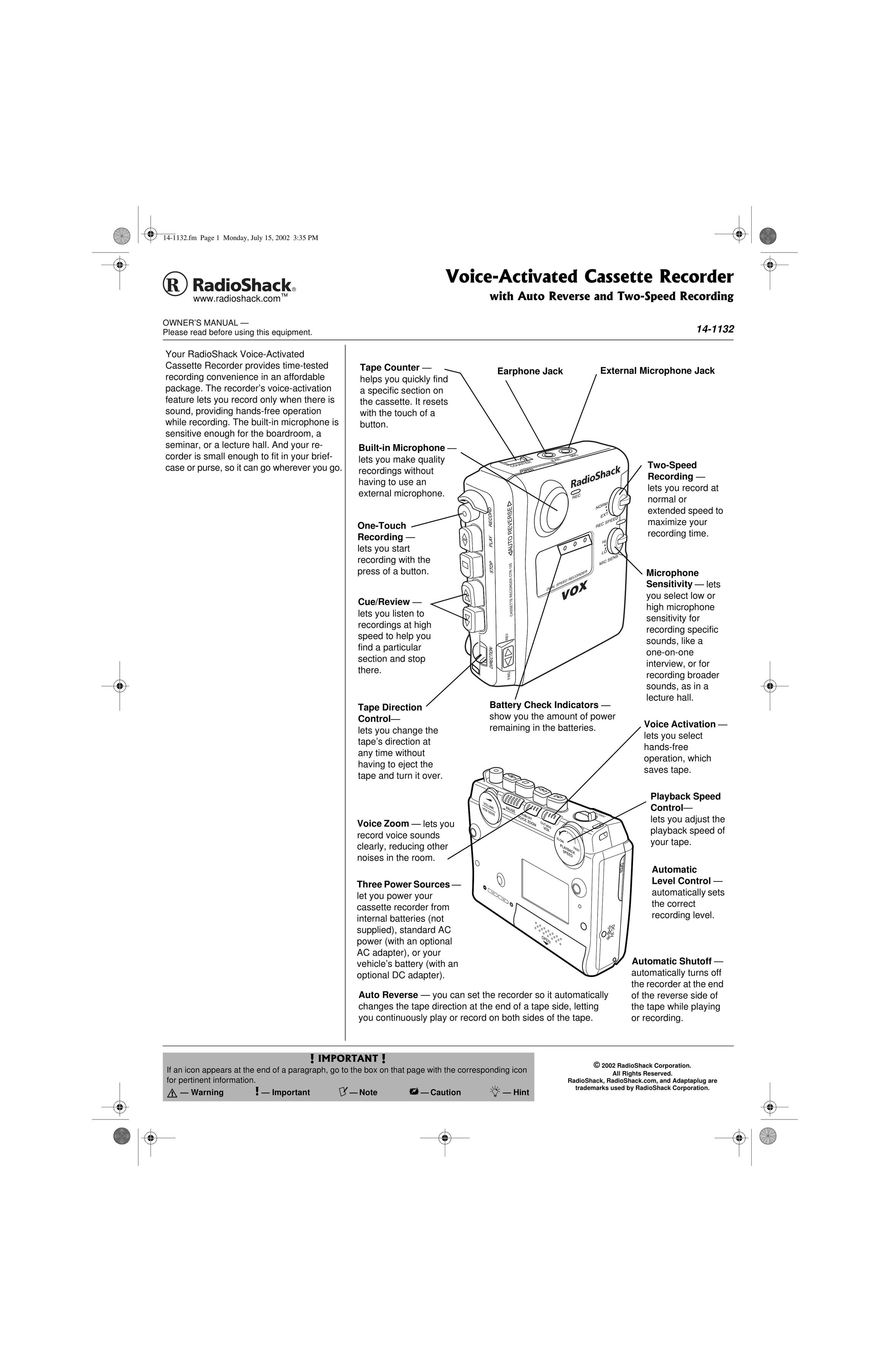 Radio Shack 14-1132 Cassette Player User Manual