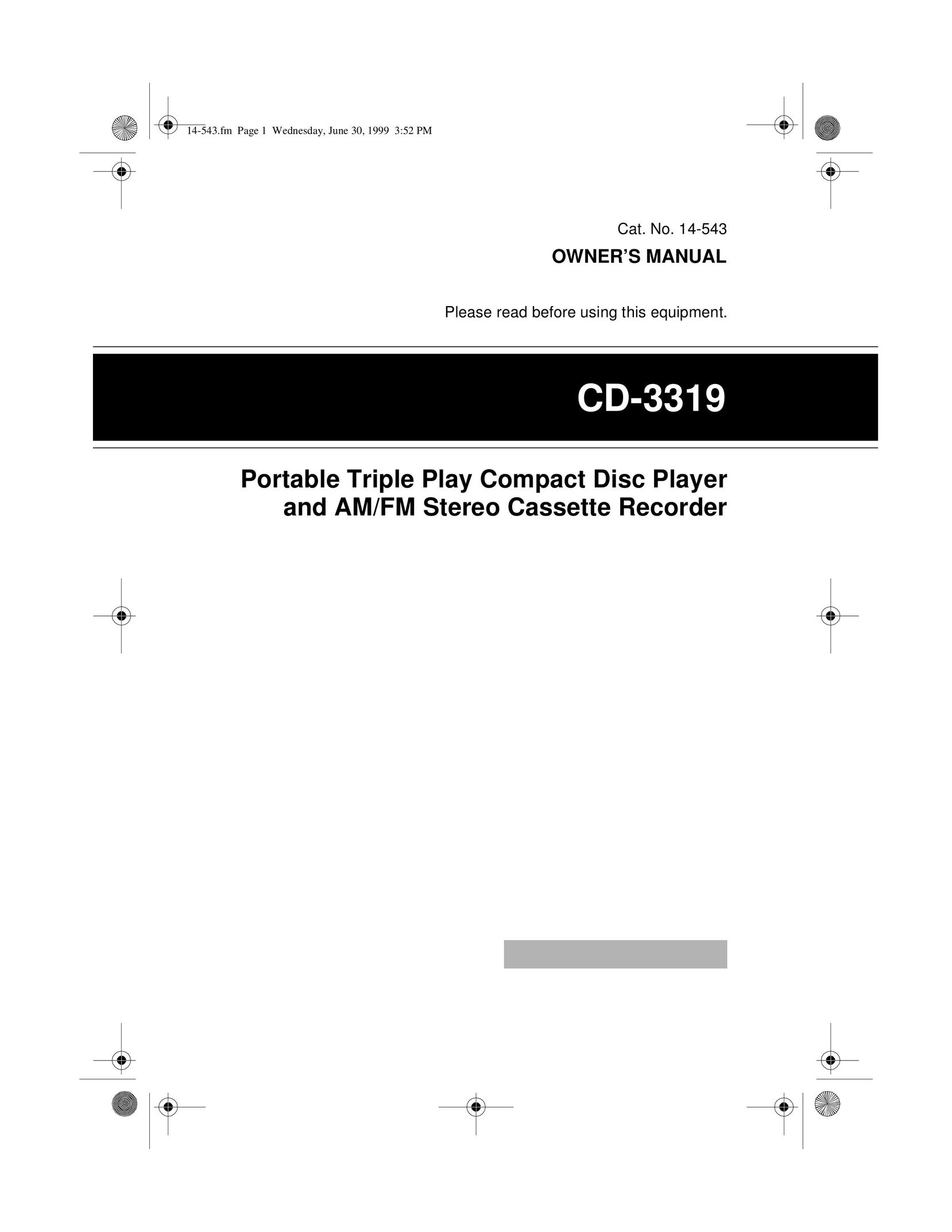 Radio Shack CD-3319 Cassette Player User Manual
