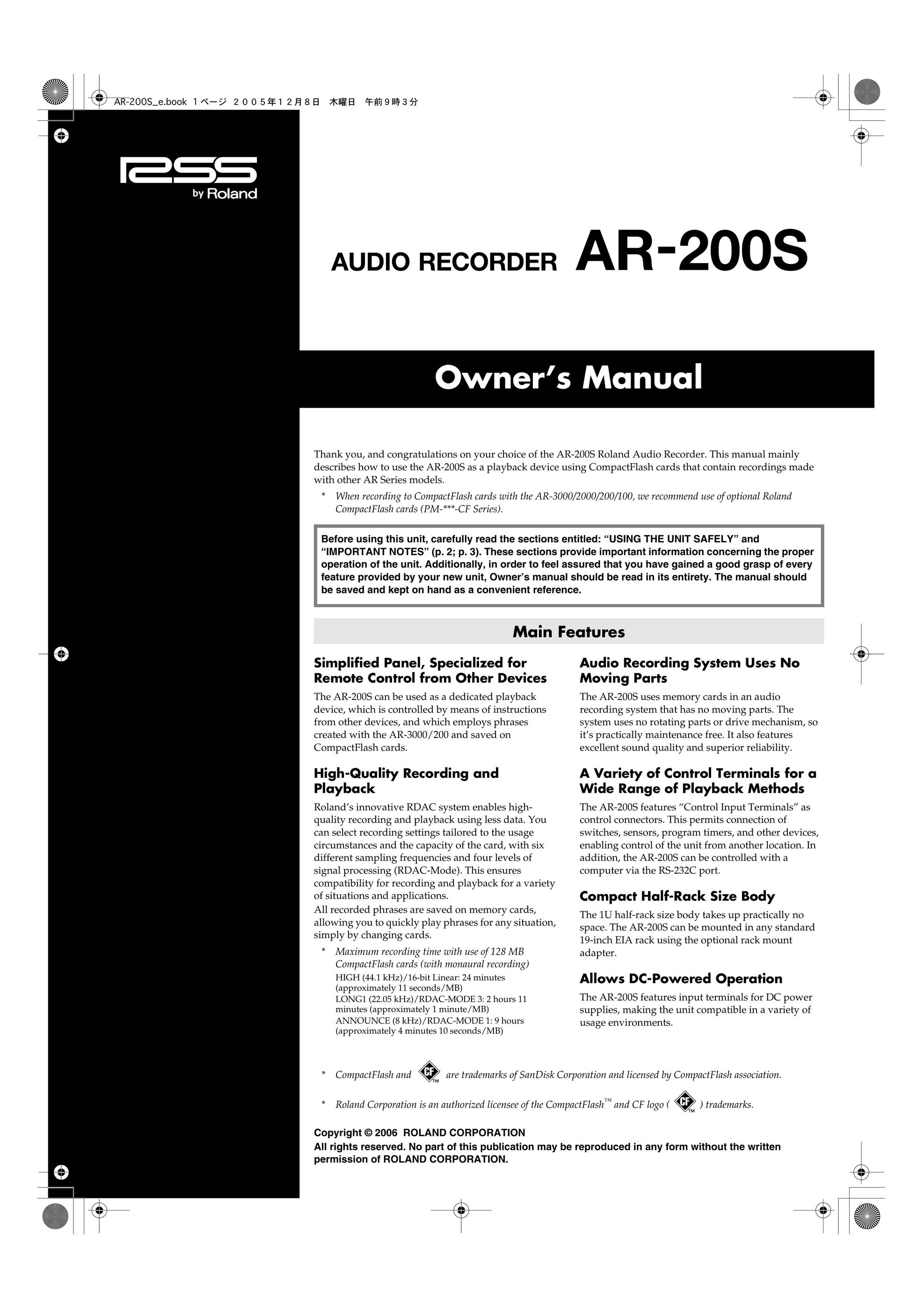 Roland AR-200S Cassette Player User Manual