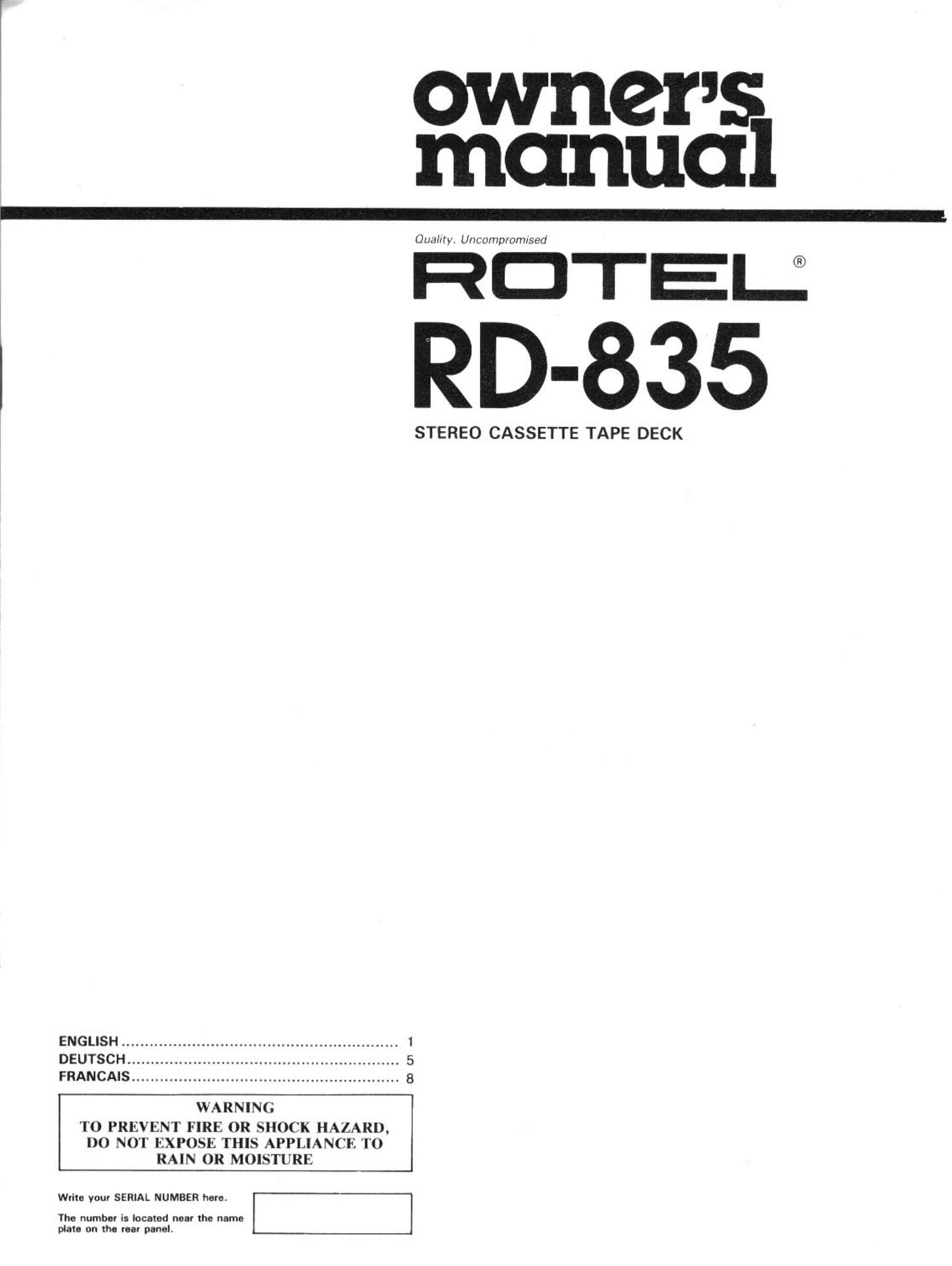 Rotel RD-835 Cassette Player User Manual