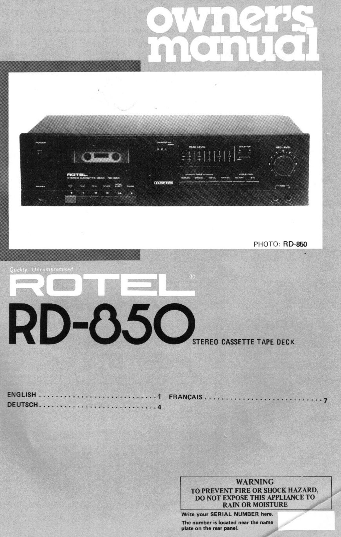 Rotel RD-850 Cassette Player User Manual