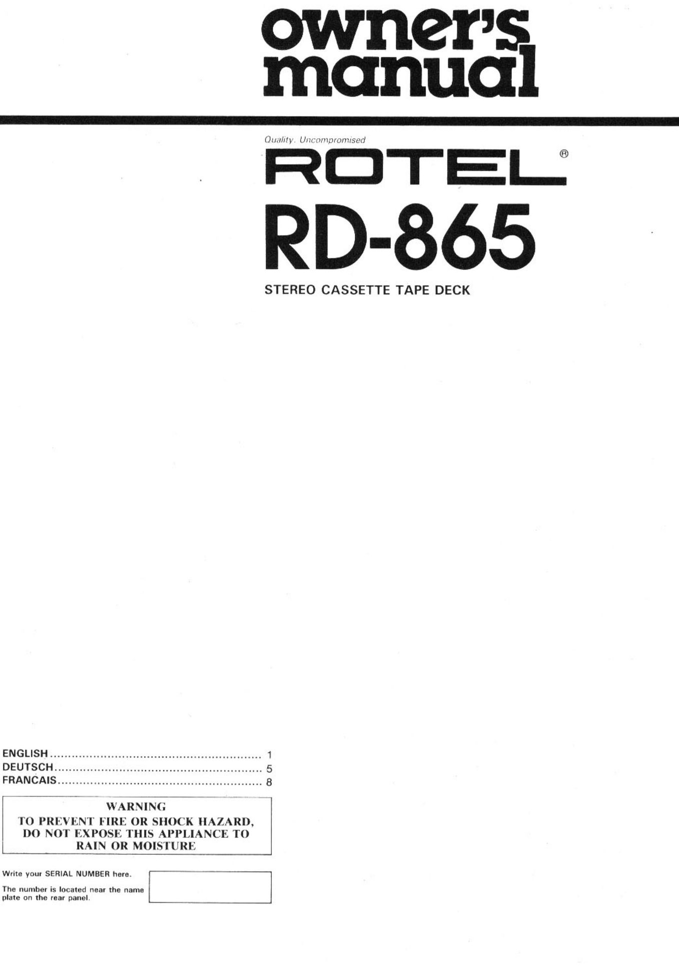 Rotel RD-865 Cassette Player User Manual