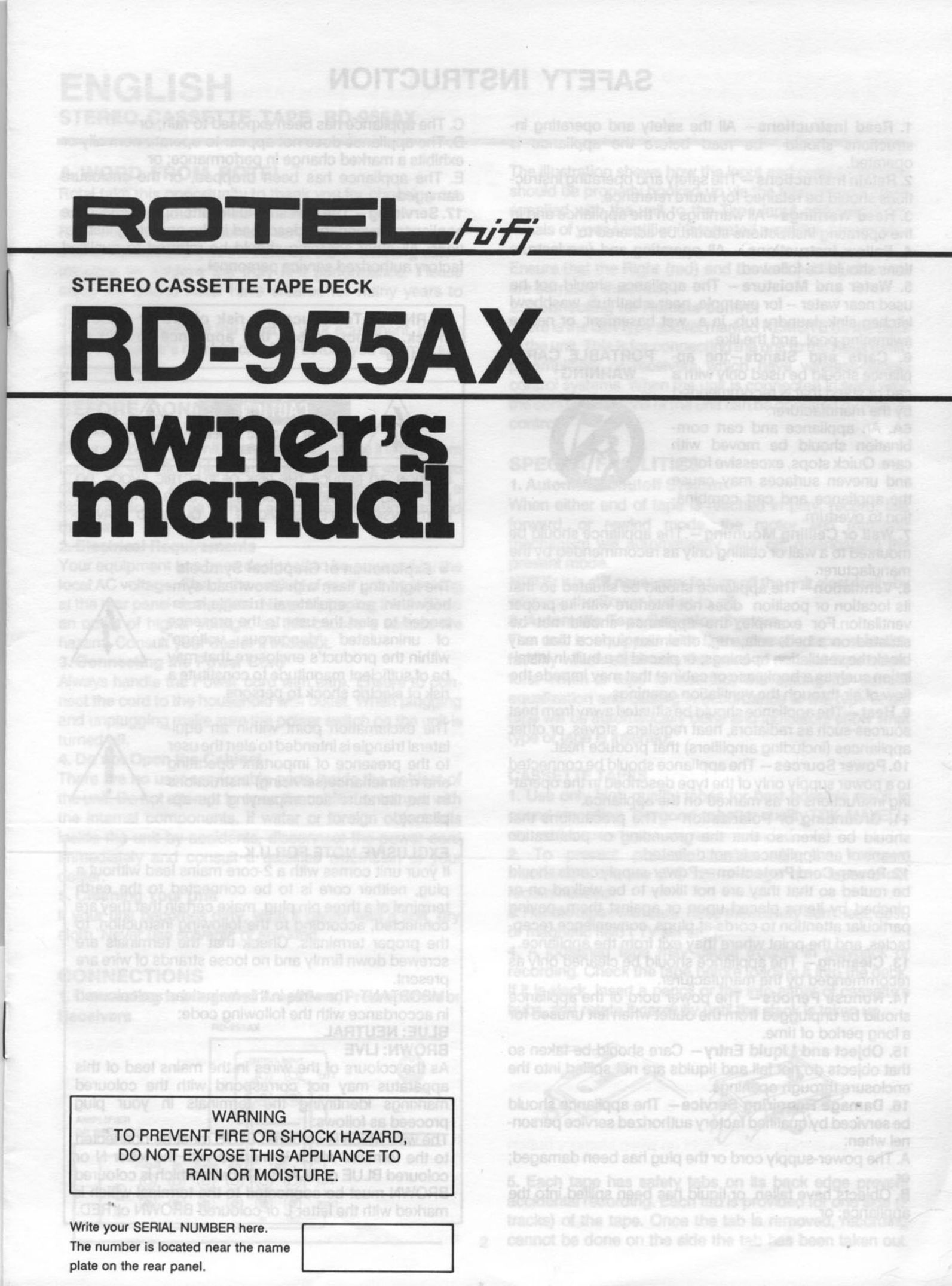 Rotel RD-955AX Cassette Player User Manual