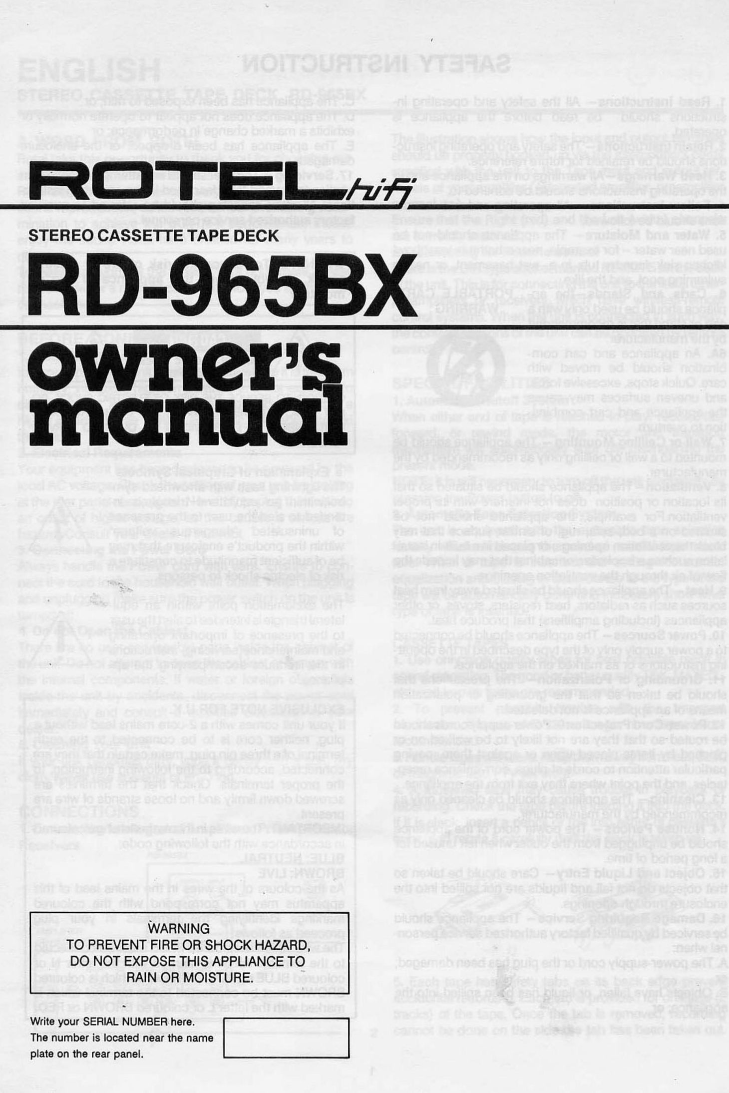Rotel RD-965BX Cassette Player User Manual