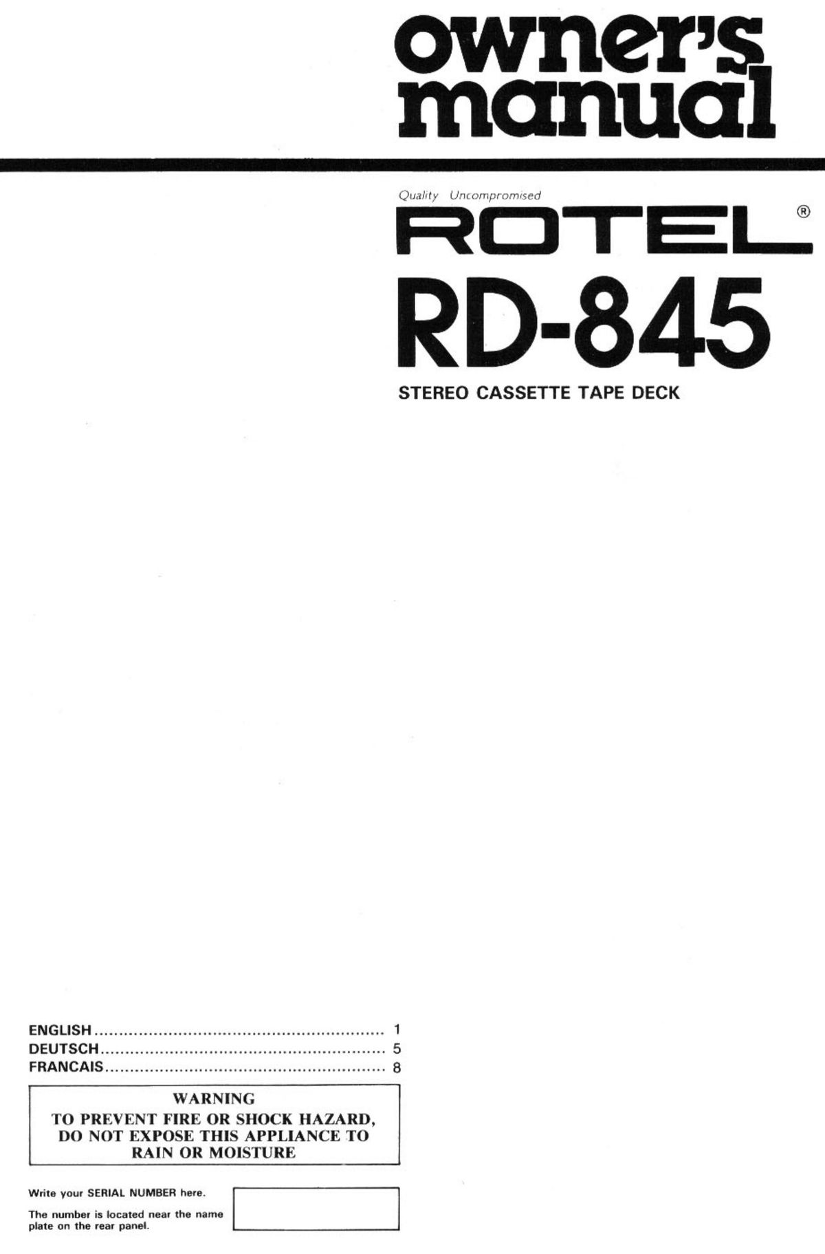 Rotel RD845 Cassette Player User Manual