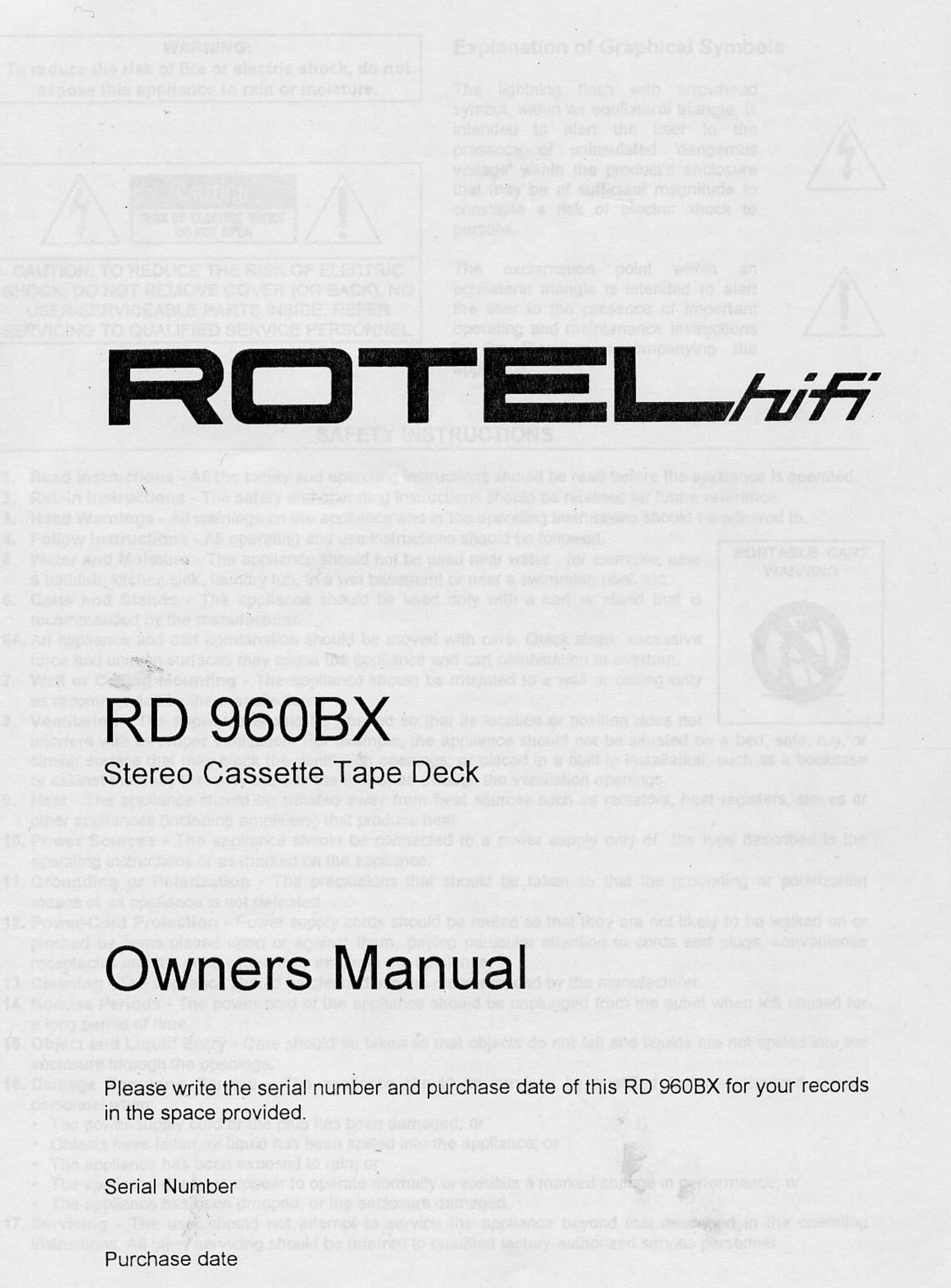 Rotel RD960BX Cassette Player User Manual