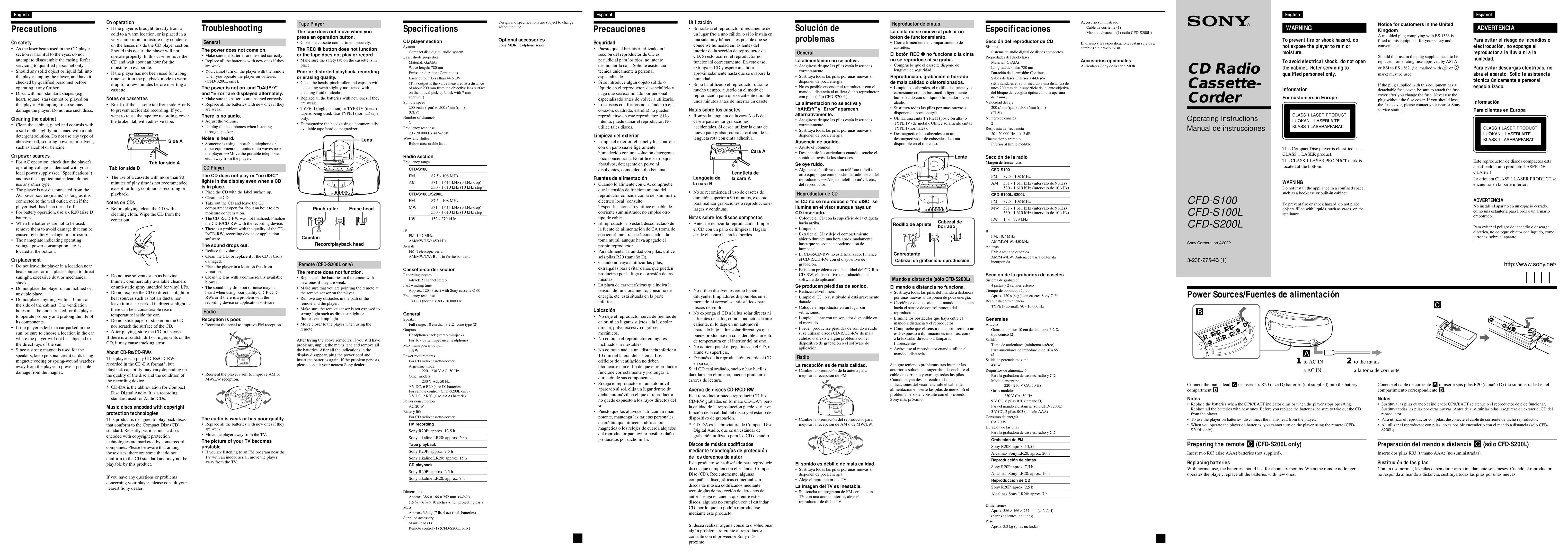 Sony CFD-S100 Cassette Player User Manual