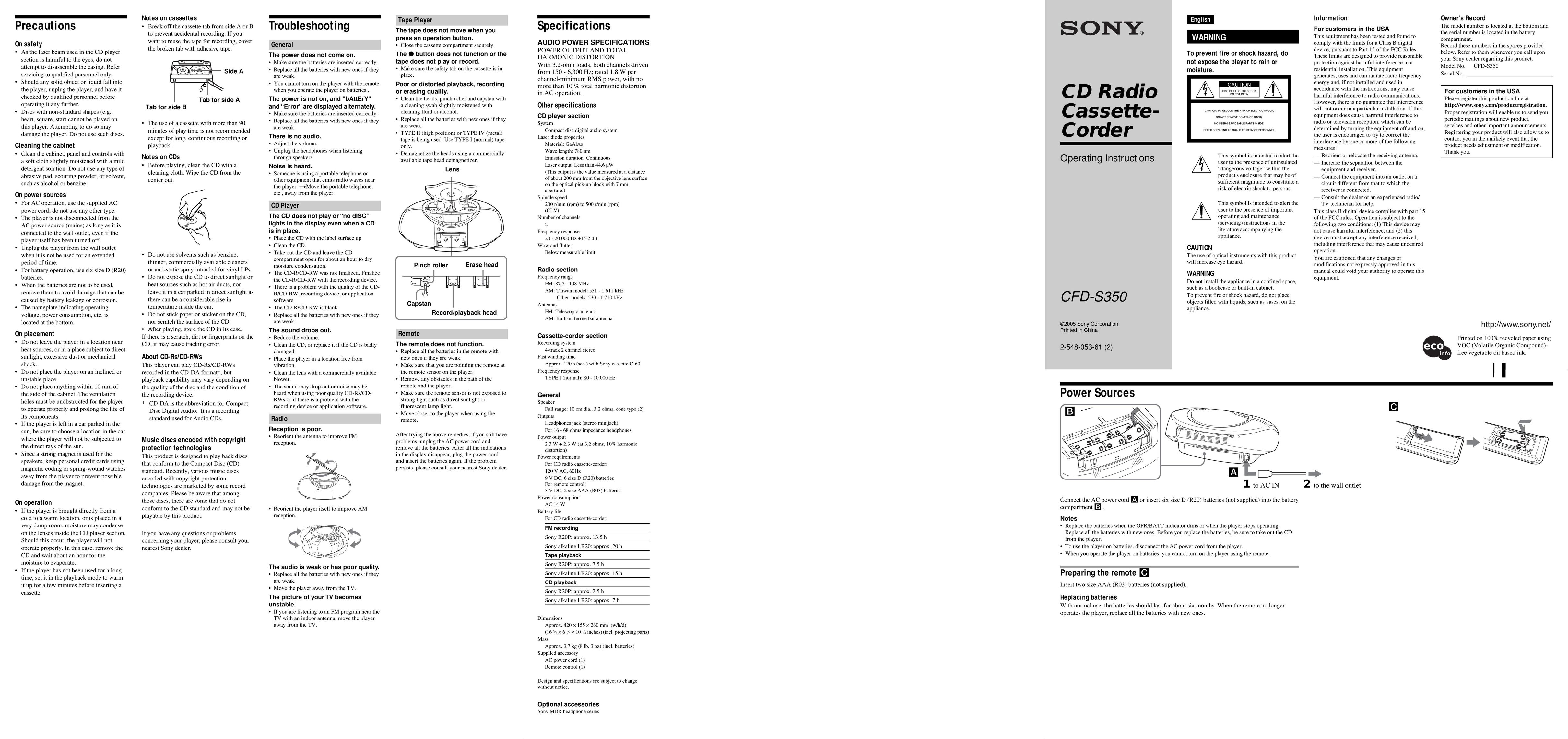 Sony CFD-S350 Cassette Player User Manual
